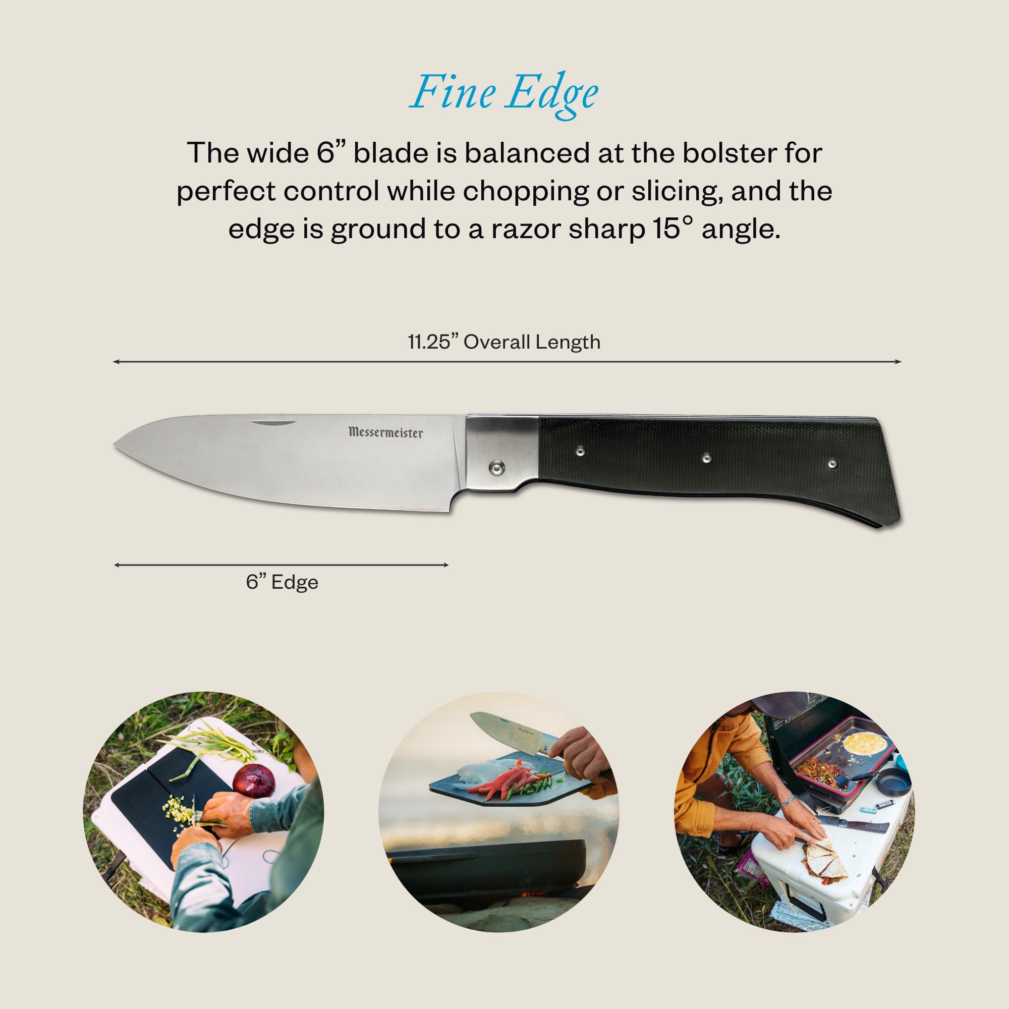 Messermeister Adventure Chef Folding 6” Chef’s Knife - German Steel & Distressed Linen Handle - Rust Resistant & Easy to Maintain — Amazon image 3