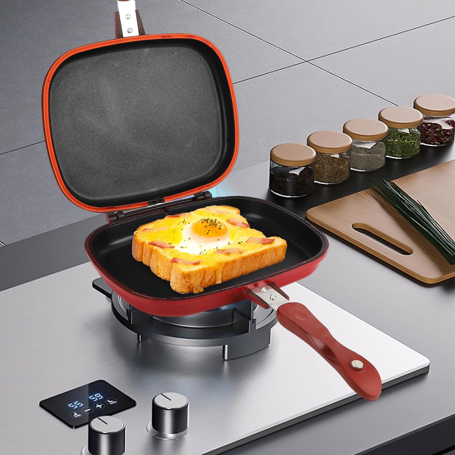 Sartén de Doble Cara, Sartén Antiadherente de Aleación de Aluminio Cuadrada Roja para Utensilios de Cocina a la Parrilla, Suministros de Cocina, 11 x 9.5 Pulgadas