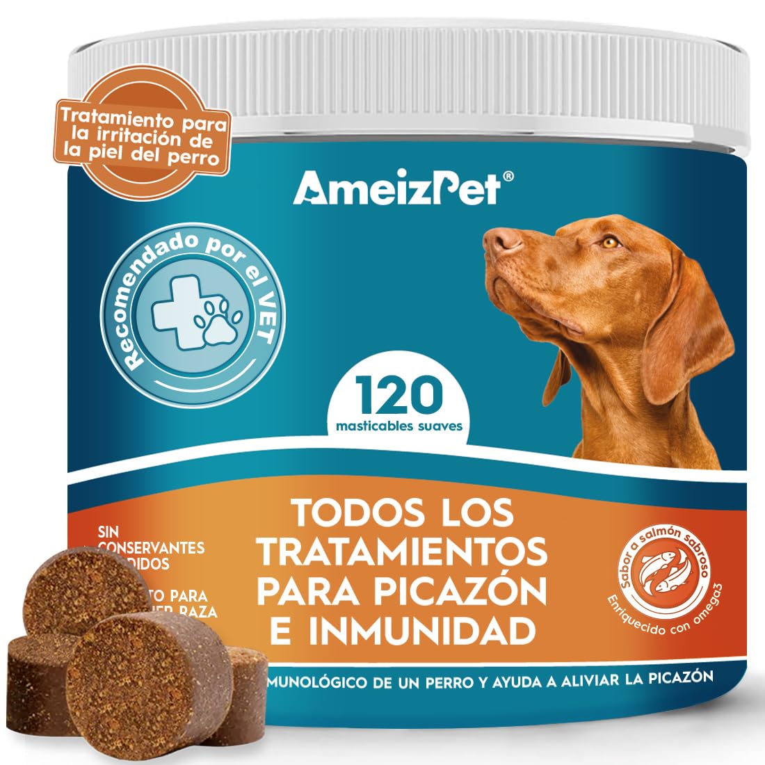 AmeizPet Todas Golosinas para La Picazón Y La Inmunidad para Perros, Inmunidad Digestiva Y Golosinas para Masticar Pelaje, 120 Chuches para Perros