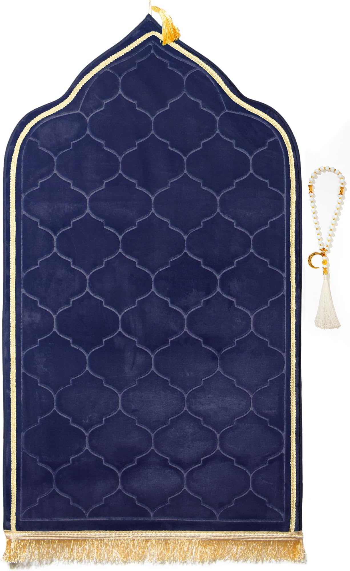 Muslim Prayer Rug with Tasbih Prayer Beads, Soft Memory Foam Prayer Matt Islam, Padded Islamic Prayer Mat Thick for Men and Women, Janamaz, Sajadah (25.6" x 43.3", Navy Blue)