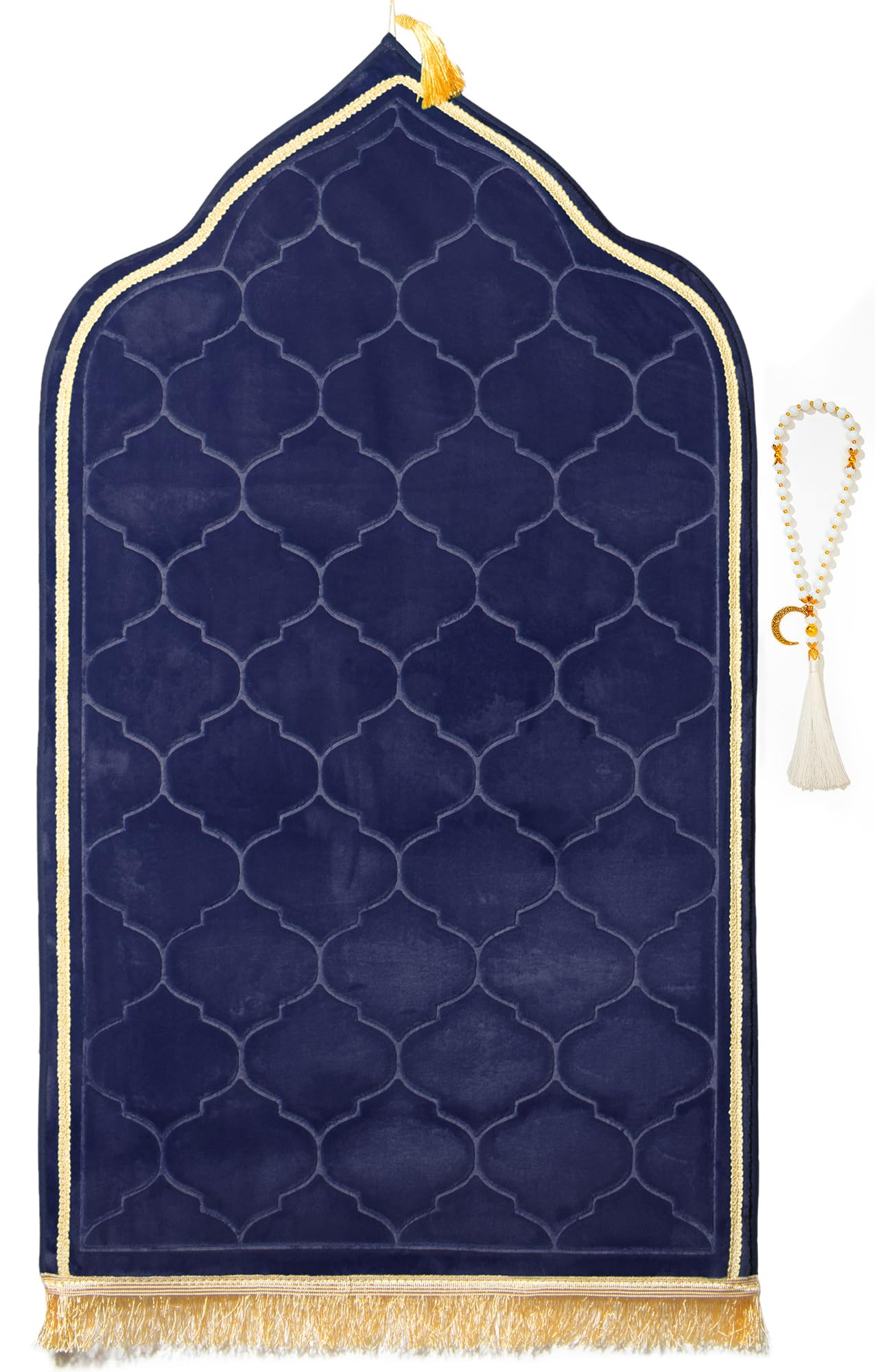 Muslim Prayer Rug with Tasbih Prayer Beads, Soft Memory Foam Prayer Matt Islam, Padded Islamic Prayer Mat Thick for Men and Women, Janamaz, Sajadah (25.6" x 43.3", Navy Blue)