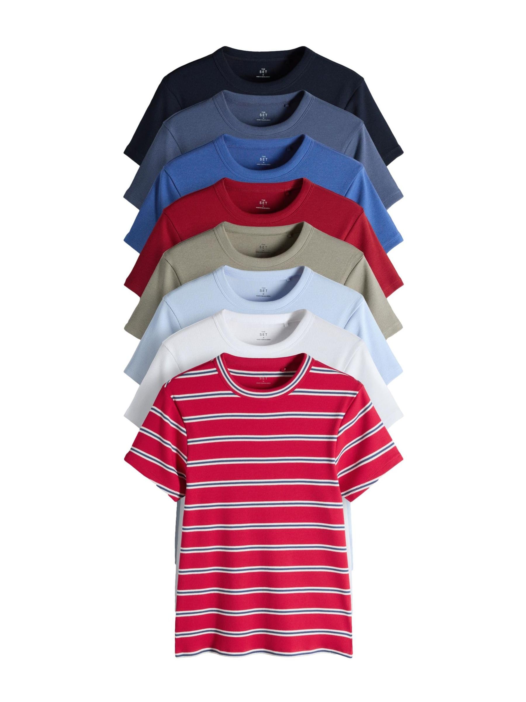 THE SET Femme T-Shirt côtelé à Manches Courtes, Lot de 8