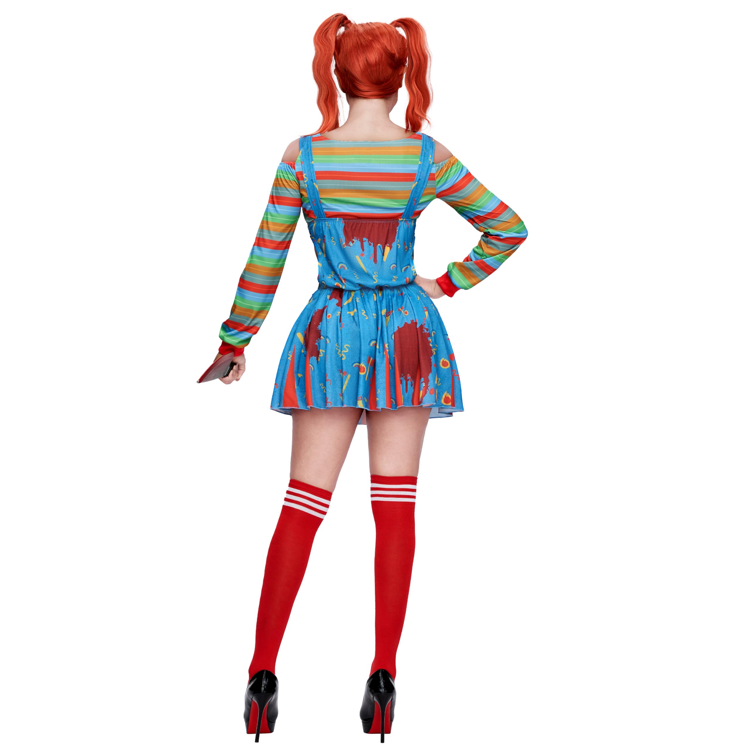 Spooktacular Creations Costume da bambola assassina da donna, vestito cosplay da clown con maglietta arcobaleno, gonna con reggicalze e calze al ginocchio per costume da festa di Halloween-S