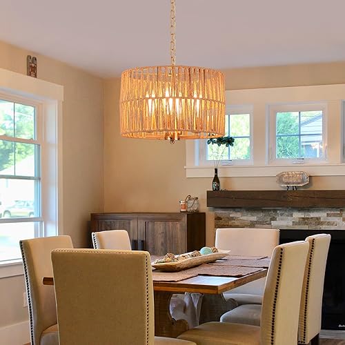 Miniatura 7 de Lámpara colgante estilo bohemio costero grande de 4 luces con cadena ajustable, interruptor regulable, lámpara colgante de tambor de cuerda de