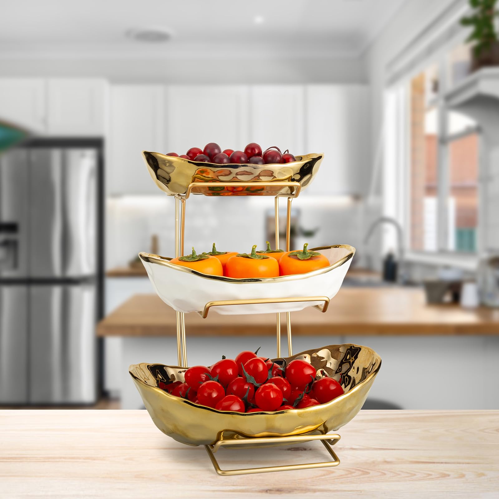 jessie Corbeille à fruits en céramique à 3 niveaux pour comptoir de cuisine avec support en métal, bols à fruits avec support, bols en porcelaine pour fruits, légumes, pain, bonbons, casse-croûtes,