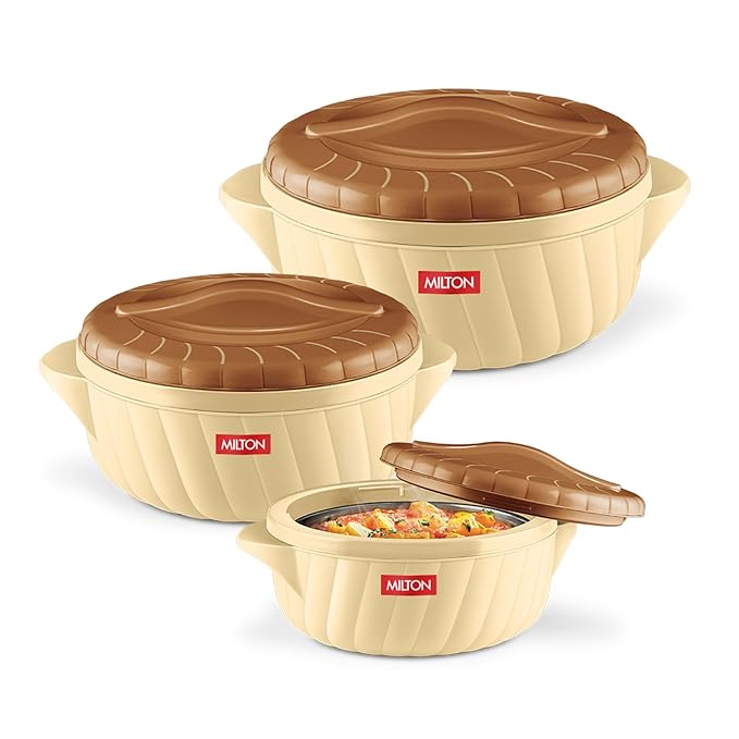 MILTON Flora Regular Set Insulated Inner Steel Casserole for Roti 3Pc (750ml 1.25L & 2.1L) Hot Box for Kitchen, Hot Pot with Lid, Chapati Box, Roti Casserole, Serving Boxes, Hotcase, Silky Cream