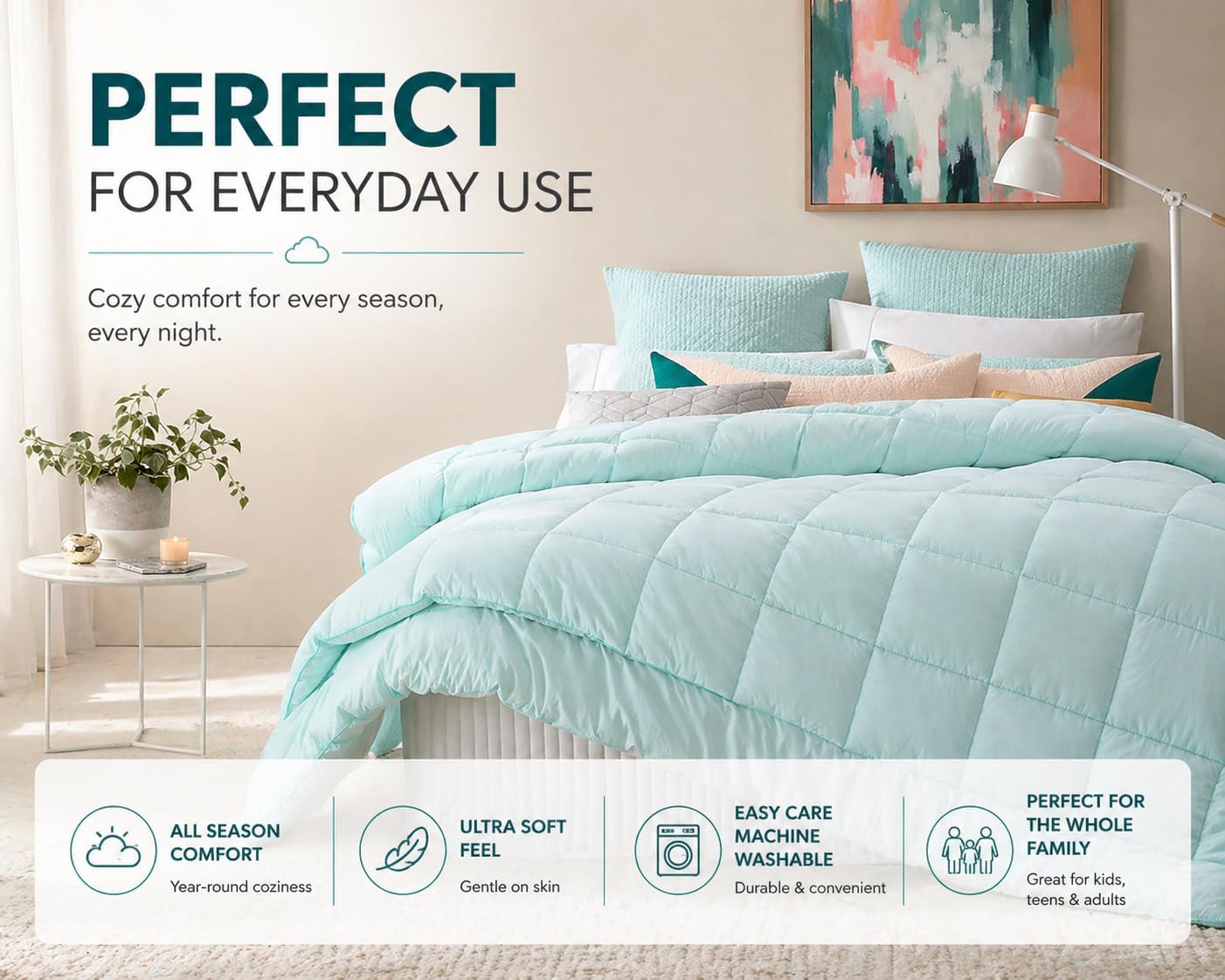 EVOLIVE All Season Comforter – Ultra Soft Pre-Washed Microfiber Down Alternative Duvet Insert, Medium Weight, Fluffy, Box Stitching (Mint, Twin)