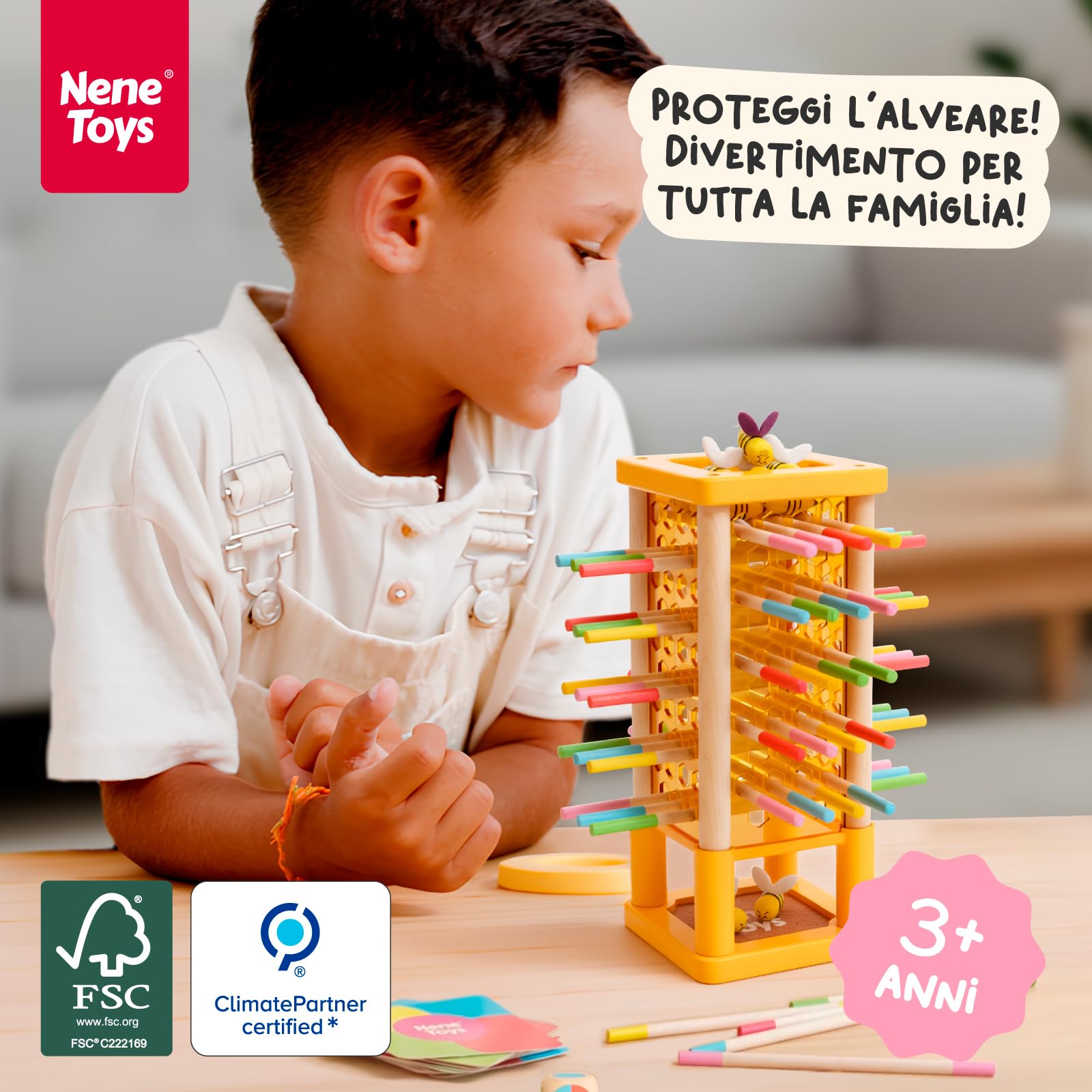Nene Toys BEEFALL Gioco da Tavolo e di Società Bambini 3 Anni – Torre di Equilibrio in Legno FSC con Api, Bastoncini, Dado e Carte Azione – 4 in 1 (3 modalità + Rainbow Sticks) Montessori