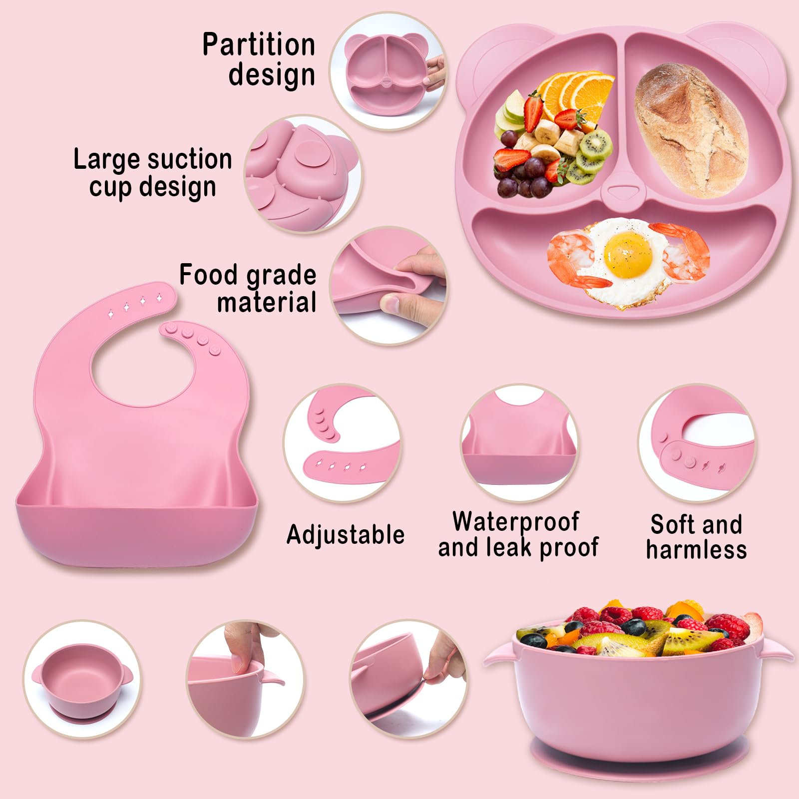 Juego de 10 piezas para beber y comer, silicona, plato ventoso, babero, tenedores, para destetar (rosa)