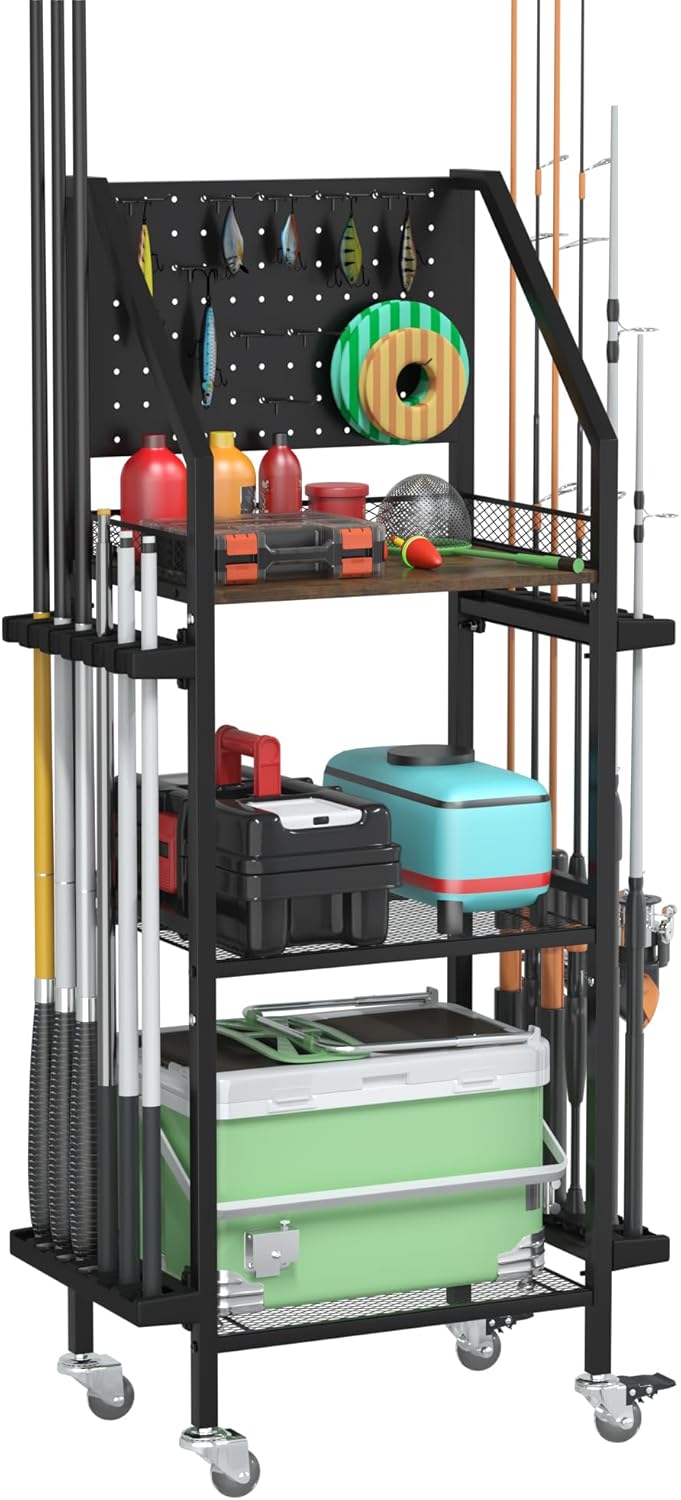 Fishing Rod Holders for Garage,360 Degree Rotating Fishing Pole Holders,Fishing Gear Storage up to 12 Rods with 10 Hooks and Wheels,Fishing Cart For Fishing Rod Tackle Box Reel Storage
