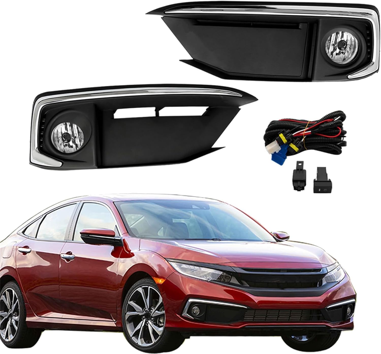 labwork Fog Lights Kit Replacement for Honda Civic 2019 2020 Coupe Sedan (4-door) Passenger and Driver Side Fog Lamps with Wire Harness Switch Kit 33950T5RA01 33950TBAA01
