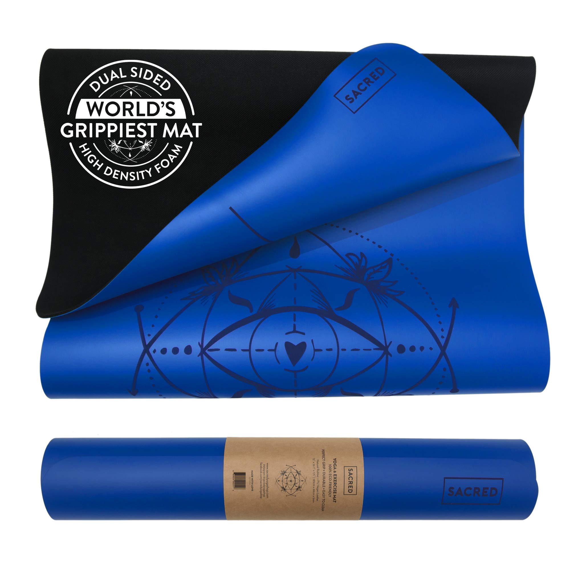 SACRED Yoga Extra Grip Reversible CORE Yoga Mat with Strap | Non-Slip & Durable | Lighter Eco-Friendly Mat | Comfortable 3mm Thick Exercise Mat with Central Alignment Lines