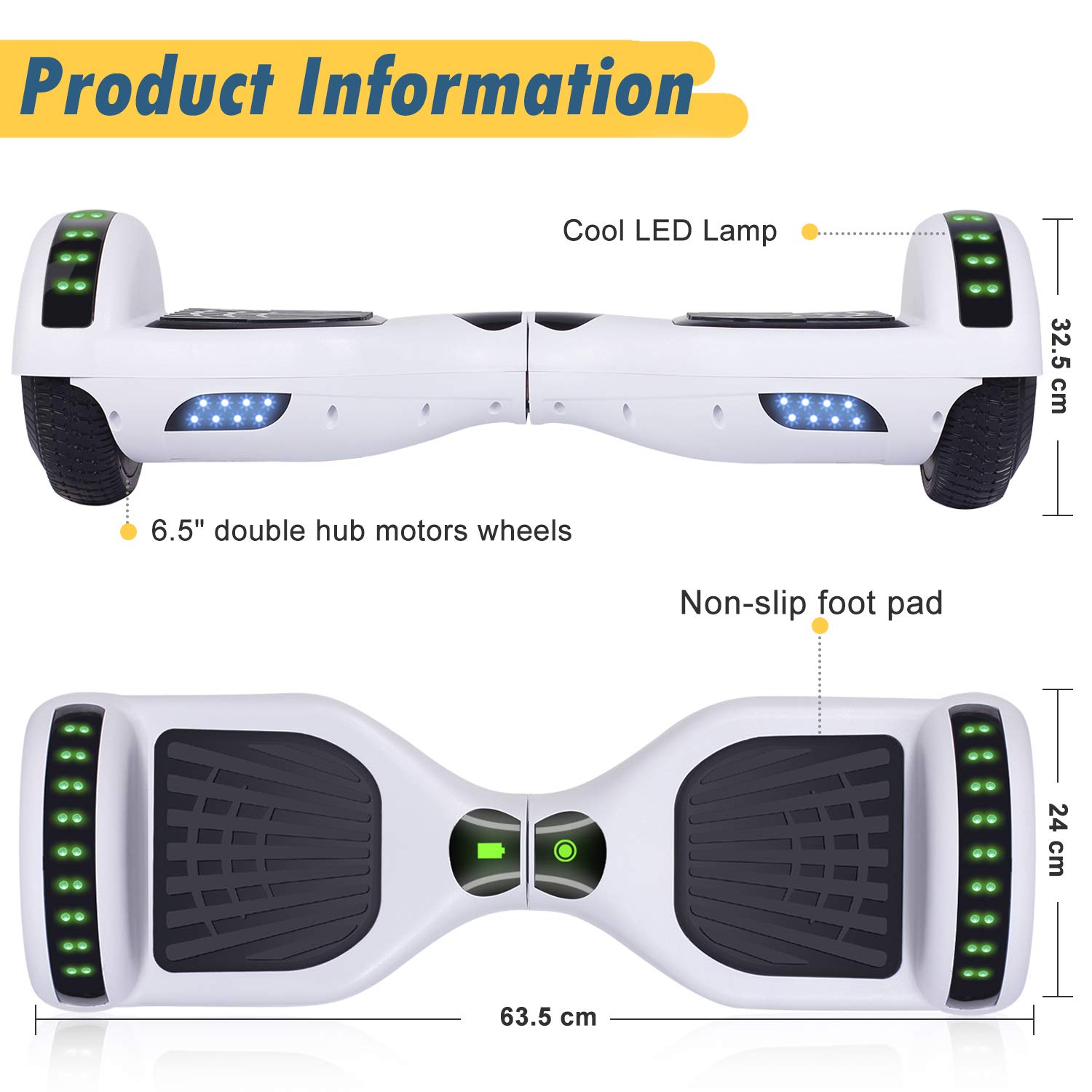 Hoverboard, Self Balancing Scooters 6,5 pouces Hoverboard Hover Scooter Board avec musique Bluetooth, lumières LED et moteur puissant pour enfants et adolescents