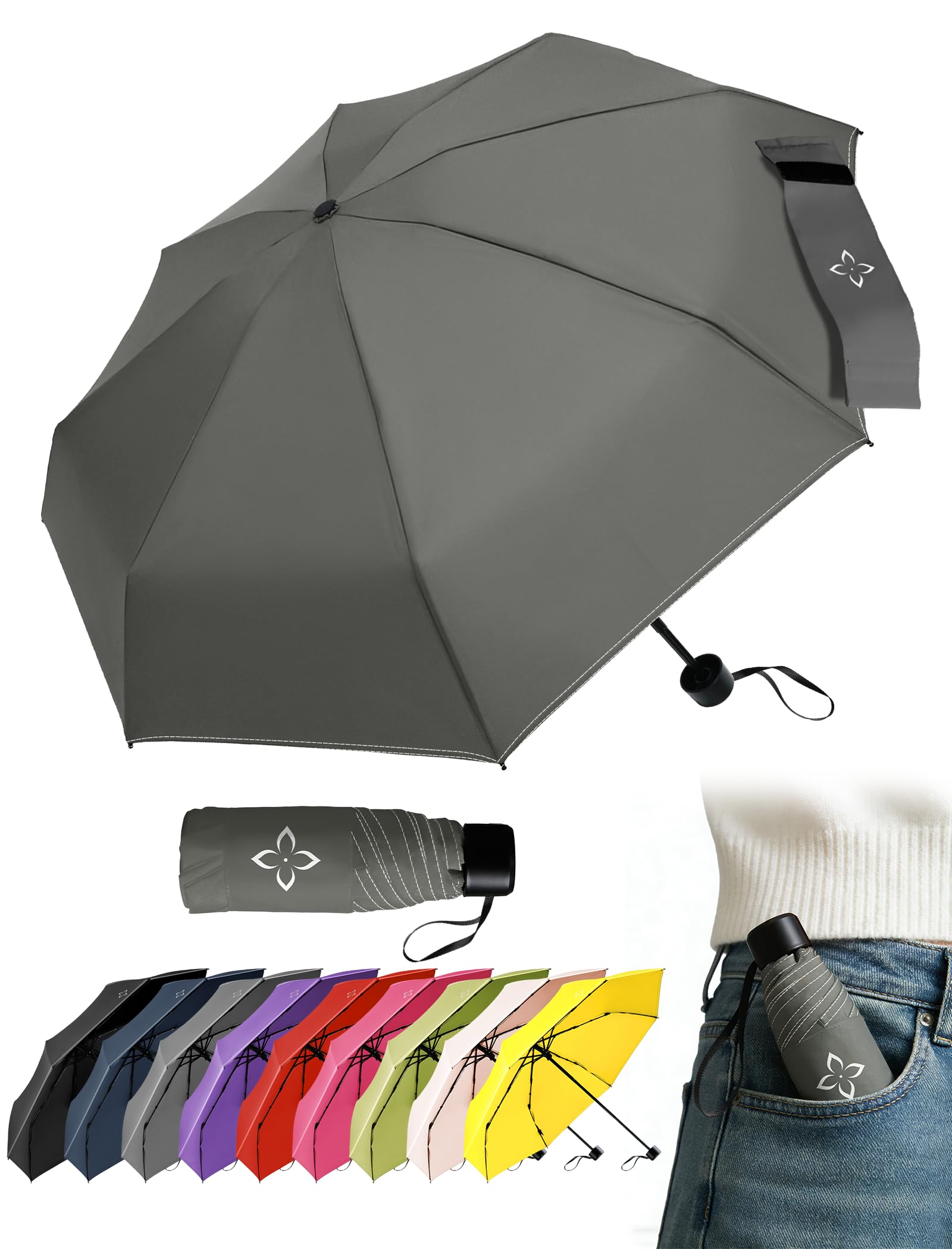 LILAC Mini Regenschirm Windfest & Kompakt, 106cm Taschenschirm Manuell für Damen Herren & Kinder, Kleiner Reiseschirm mit Reflektor-Naht & Karabiner, Leicht & Stabil