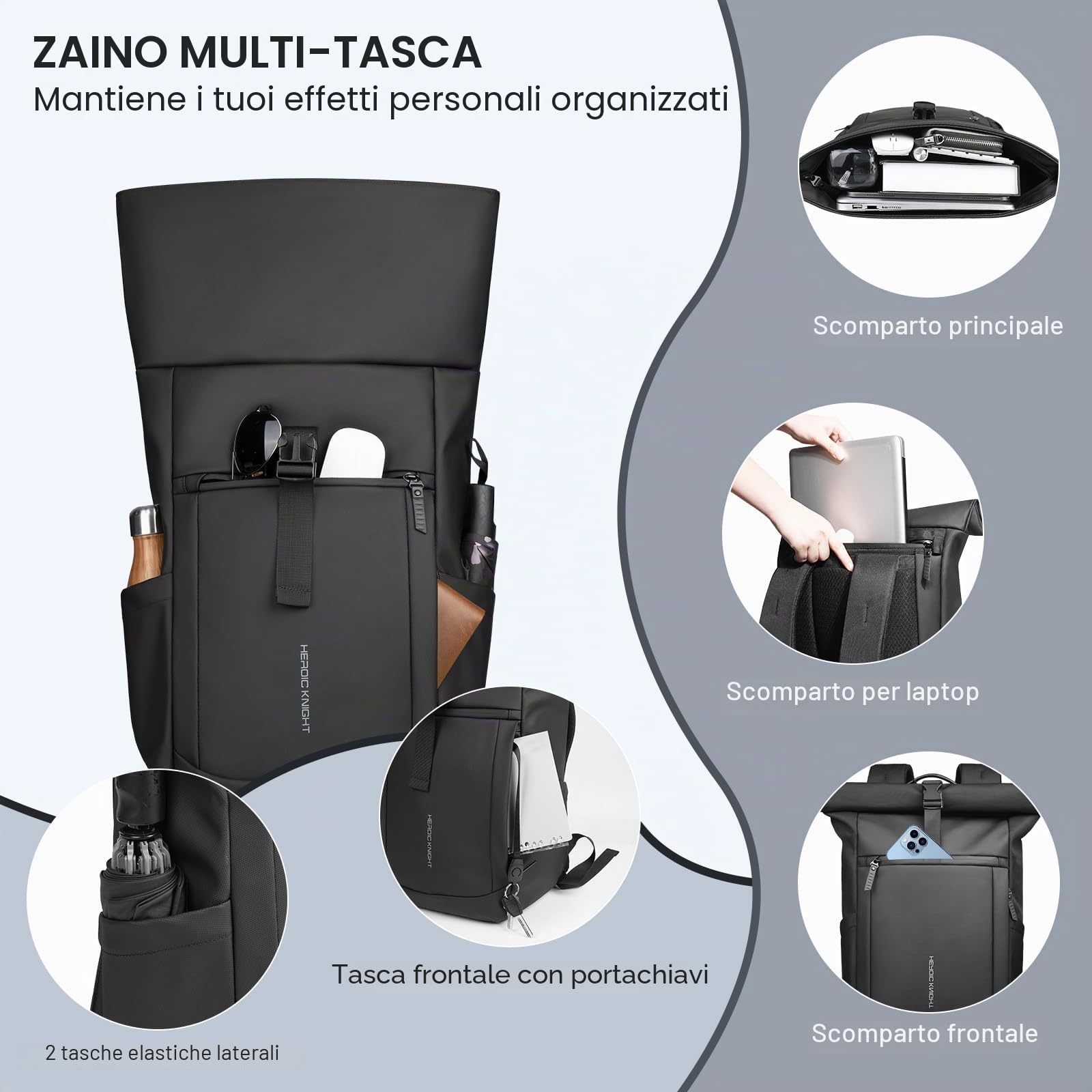 hk Zaino Roll Top Uomo Donna, Espandibile Zaino Porta PC 15,6 Pollici | Antipioggia e Antifurto per Tempo Libero, Ufficio, Università, Pendolari, Nero(20‑27 L)