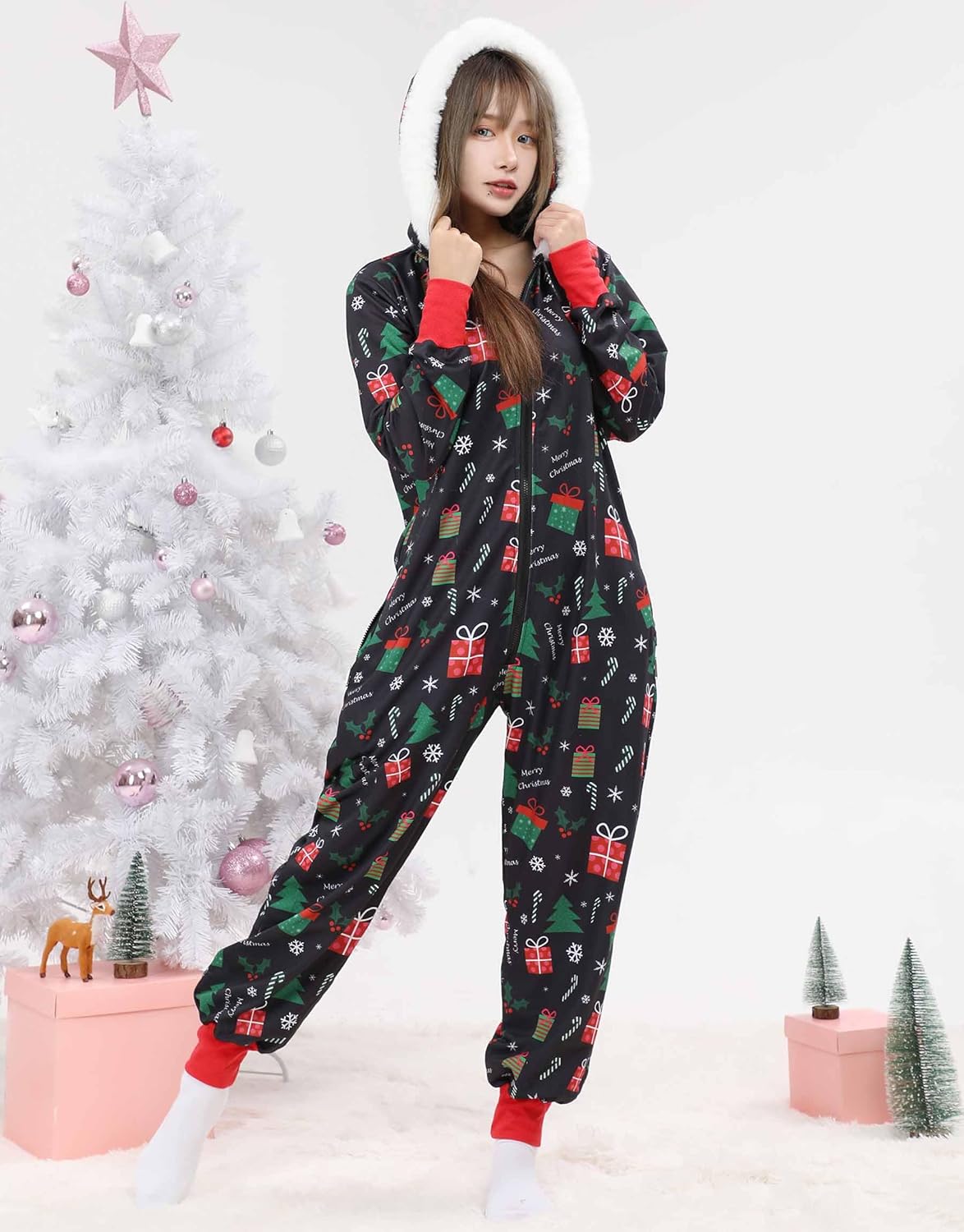 haikyuu Women Christmas Onesie With Butt Flap Pockets Christmas Costume Santa Claus Cosplay Xmas Pajamas