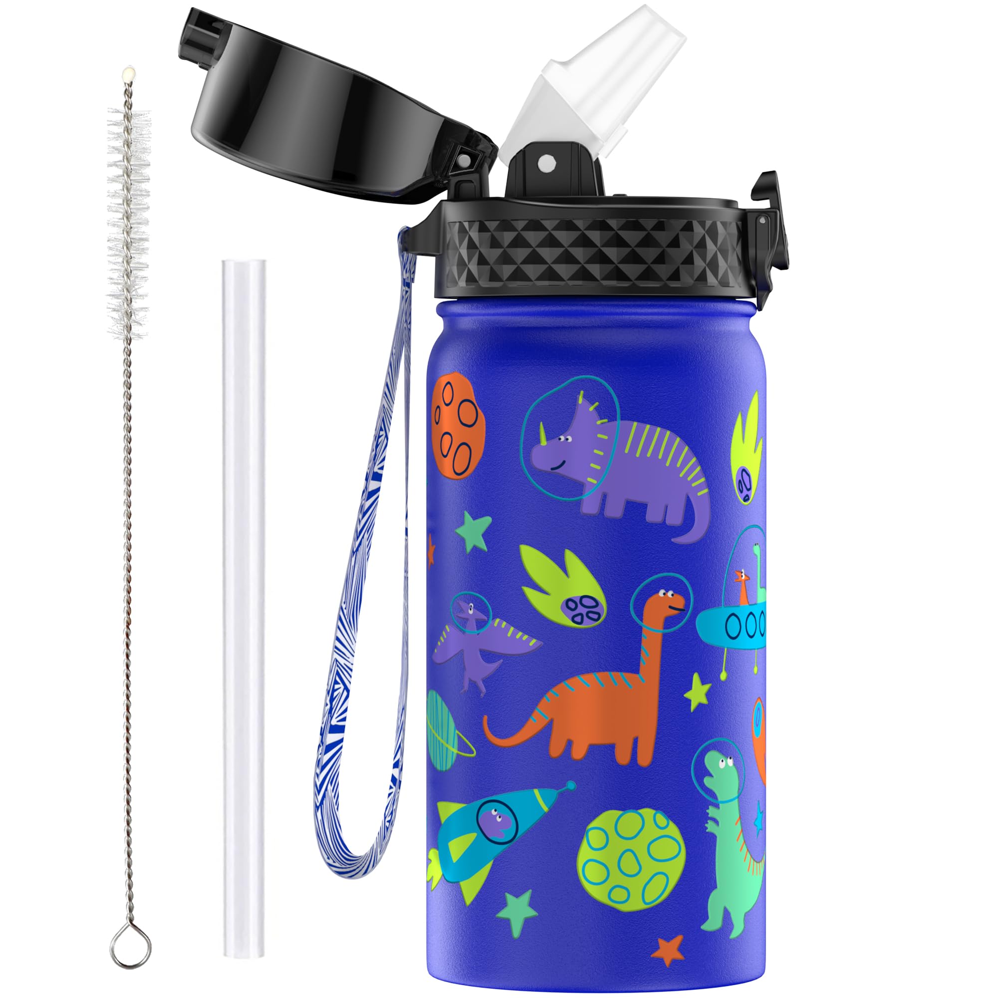 OLDLEY 420ml/14oz Kids Stainless Steel Water Bottle with Straw for School Insulated Metal Water Bottles Leakproof Double Wall Vacuum Small Flask Keep Drinks Hot Cold for Boys Girls (Blue Dinosaur)
