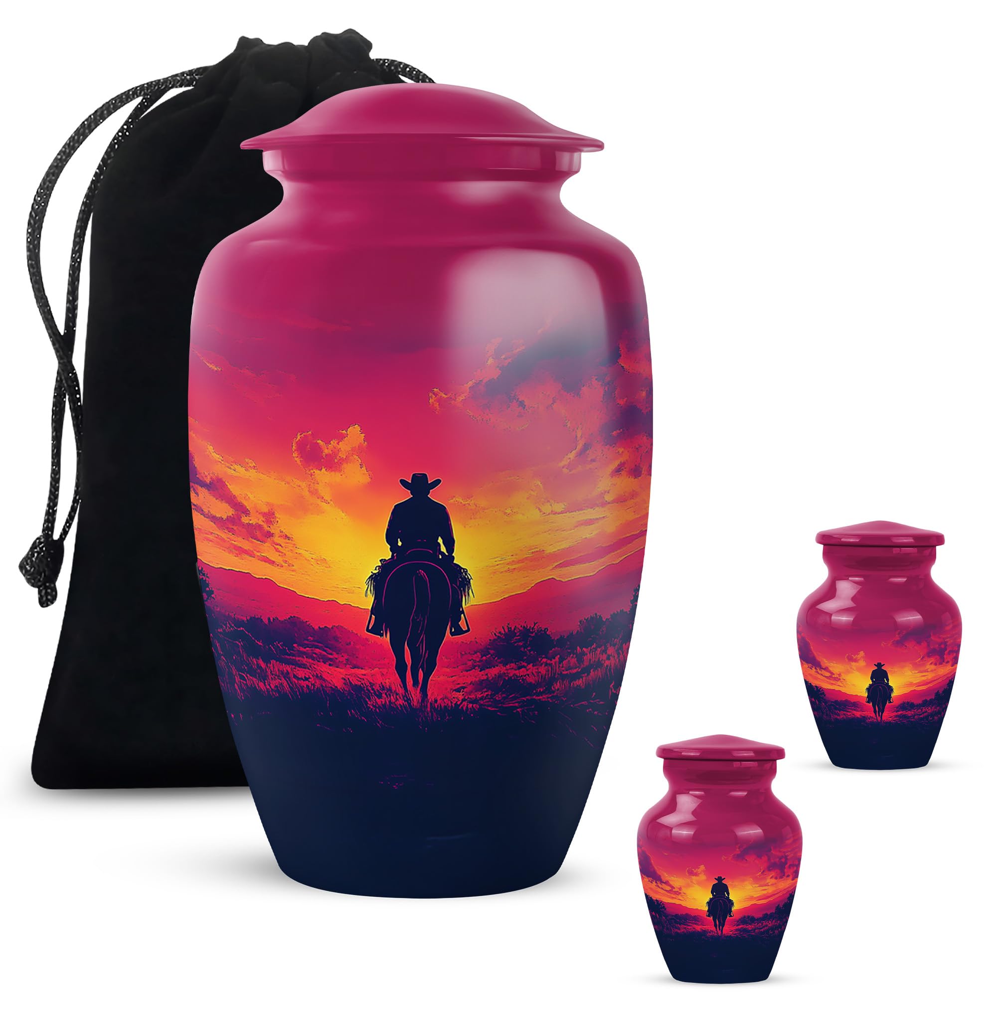 Cowboy Urn - Large &amp; Small Urns for Human Ashes Adult Male - Urn for Ashes for Women - Burial Urns (Combo - 10" &amp; 3", 3 Pcs)