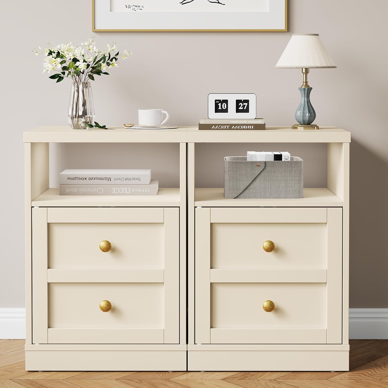 RoyalCraft Beige Nightstand Set of 2, End Table with Storage Shelf and Door, Faux Two-Drawer Design Side Table, Modern Night Stand for Bedroom Dorm, Wood Beside Table for Small Spaces