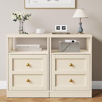 RoyalCraft Beige Nightstand Set of 2, Small End Table with Storage Shelf and Door, Faux Two-Drawer Design Side Table, Modern Night Stand for Bedroom Dorm, Wood Beside Table for Small Spaces