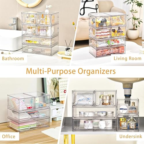 Miniatura 6 de Juego de 6 cajones organizadores de maquillaje apilables, organizadores de plástico transparente para suministros de belleza, ideal para tocador,