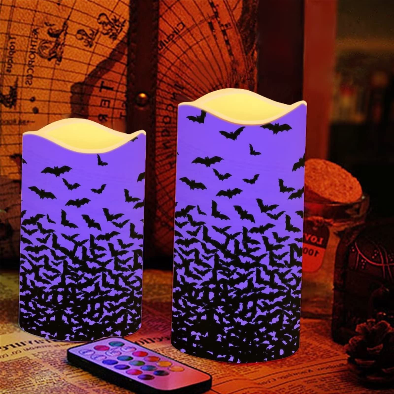 Nietoperze na Halloween, fioletowe świece LED, bezpłomieniowe do dekoracji domu, migoczące zdalne lampki nocne, zasilane bateriami z timerem, 4 sztuki