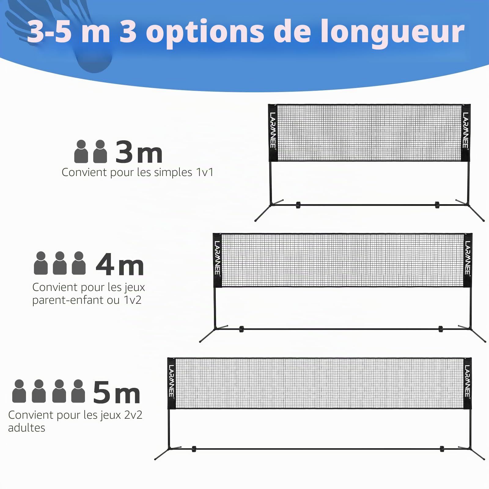 LARMNEE Filet de Badminton, Filet de Badminton Pliable, Réglable sur 3 Hauteurs, Filet de Tennis Portable, Filet de Volley Exterieur, Cadre Robuste Métal, avec Sac de Transport