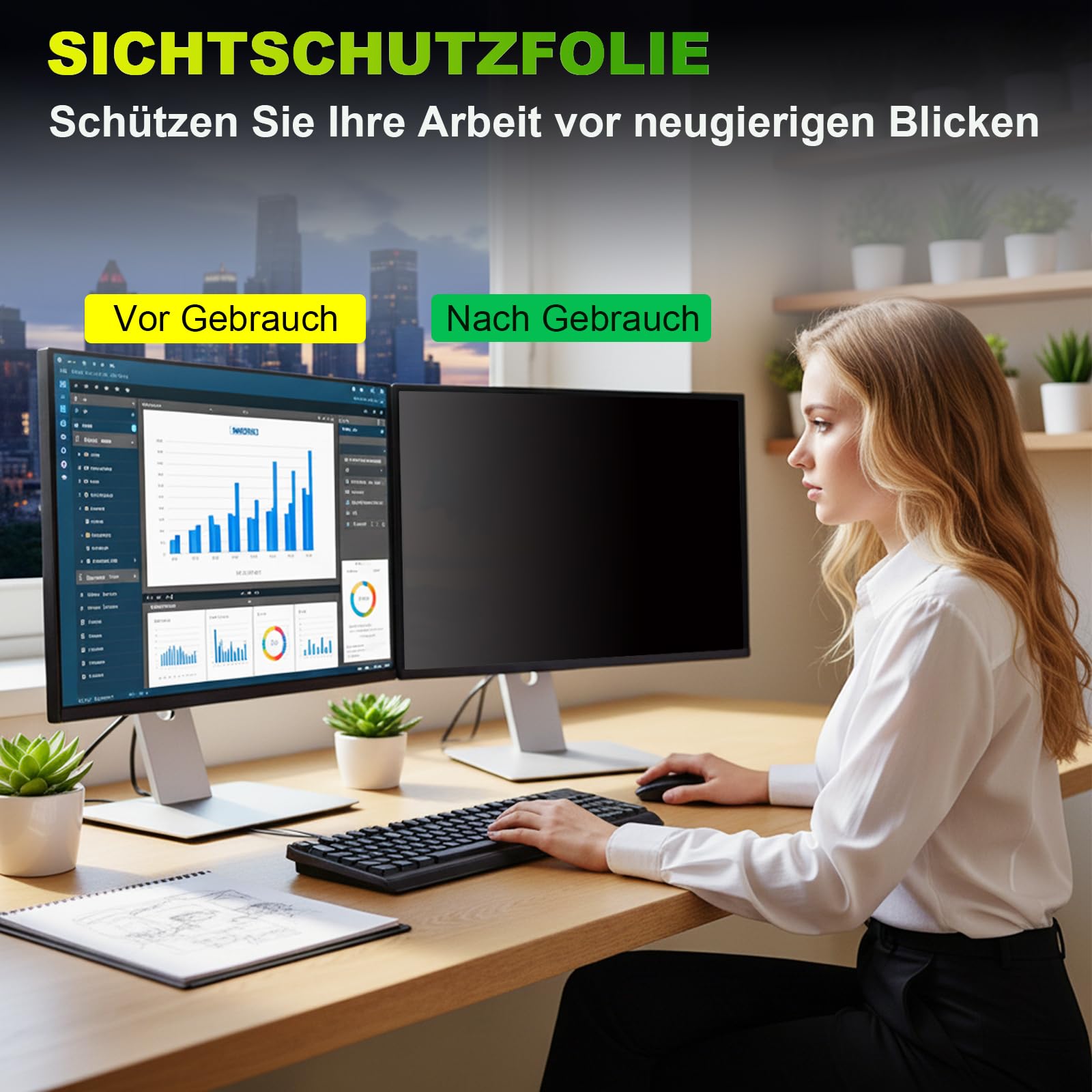 Sichtschutzfolie für 24 Zoll 16:9 (53.2x29.9cm) Monitor - Blaulichtfilter & Blendschutz, Abnehmbar Blickschutzfolie | PC Blickschutzfilter für Büro