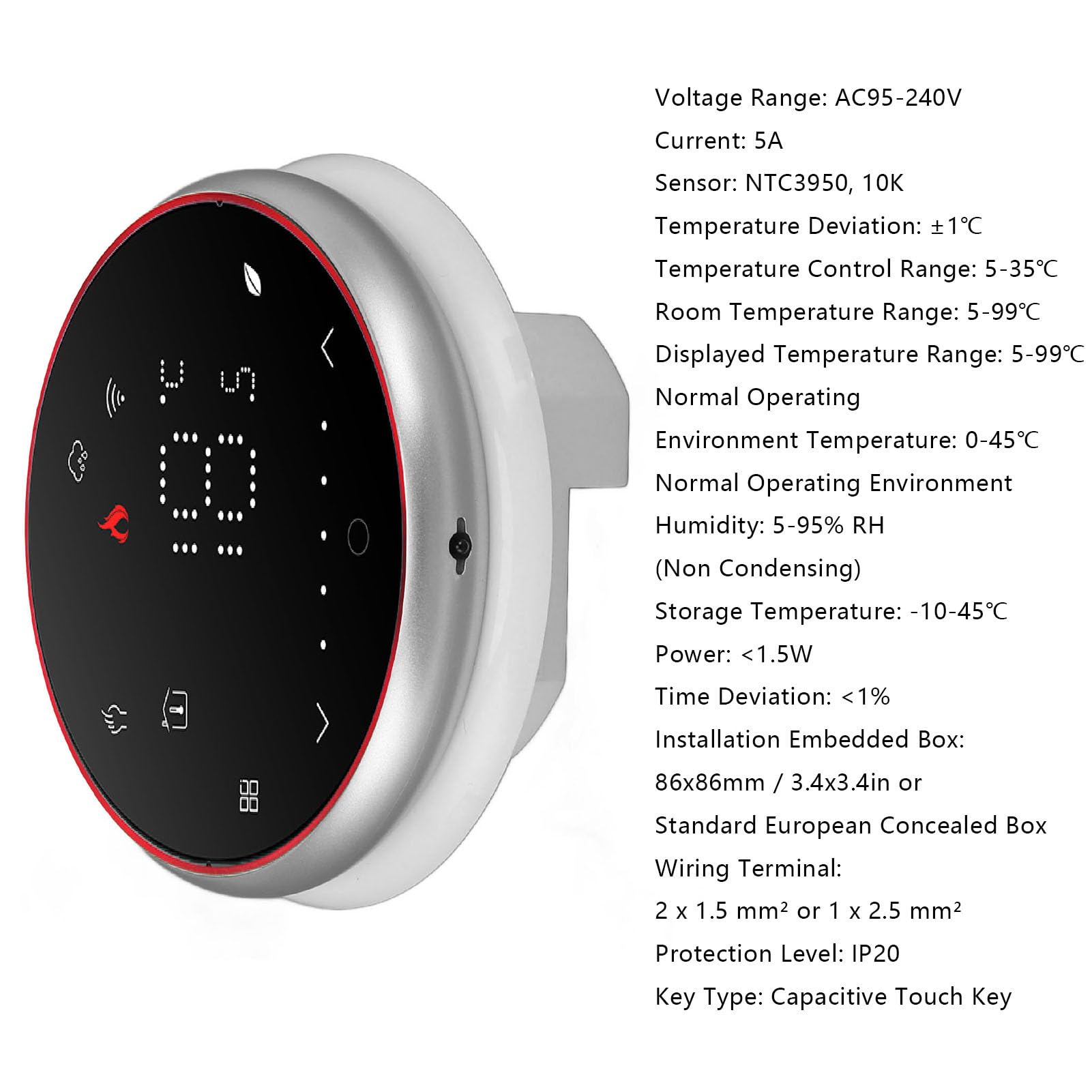 Inteligentny Termostat Programowalny Termostat WiFi AC95 do 240V 16A Sterowanie Dotykowe LED Od 41 do 95 Stopni Fahrenheita Harmonogram 7-dniowy Sterowanie Głosowe za pomocą Aplikacji