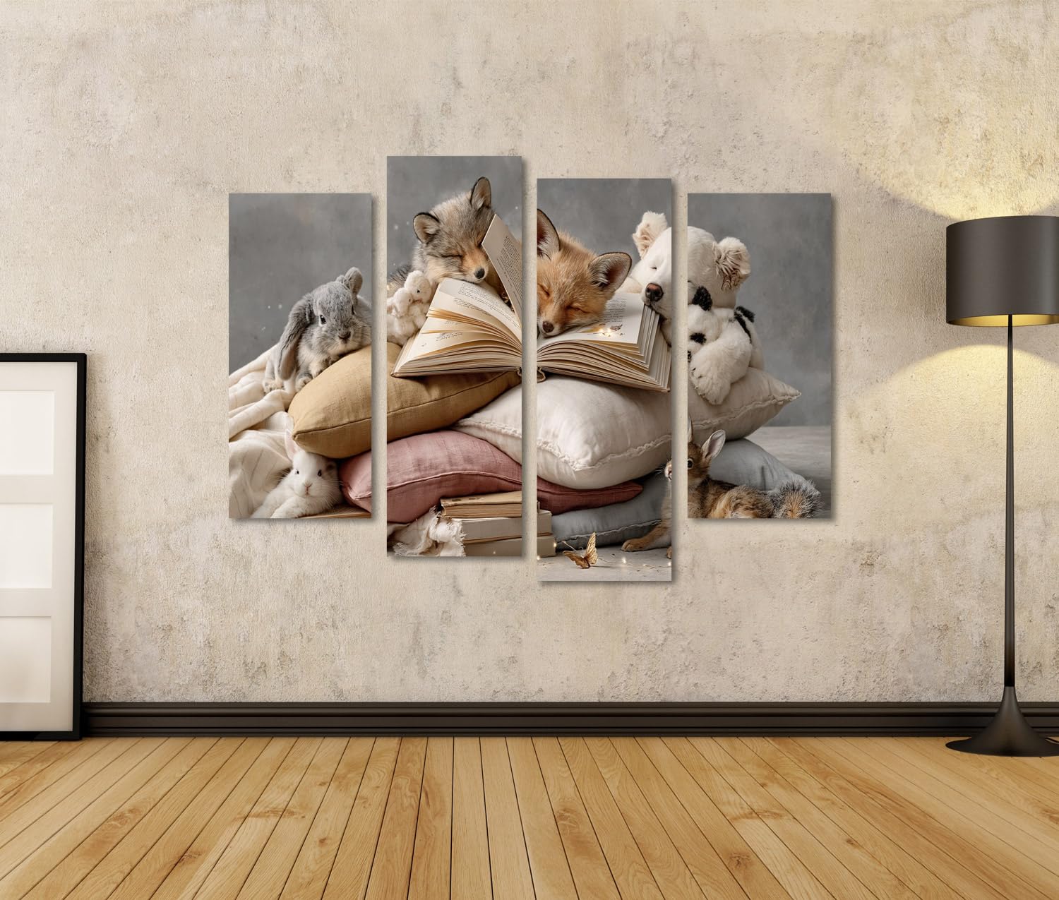 islandburner Cuadro sobre lienzo con diseño de animales de ensueño, libro de cuentos de hadas, para habitación infantil, 4 piezas