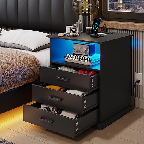 Miniatura 8 de Hasuit Mesita de noche con estación de carga y luces LED, mesita de noche grande con 3 cajones de almacenamiento, mesita de noche negra para