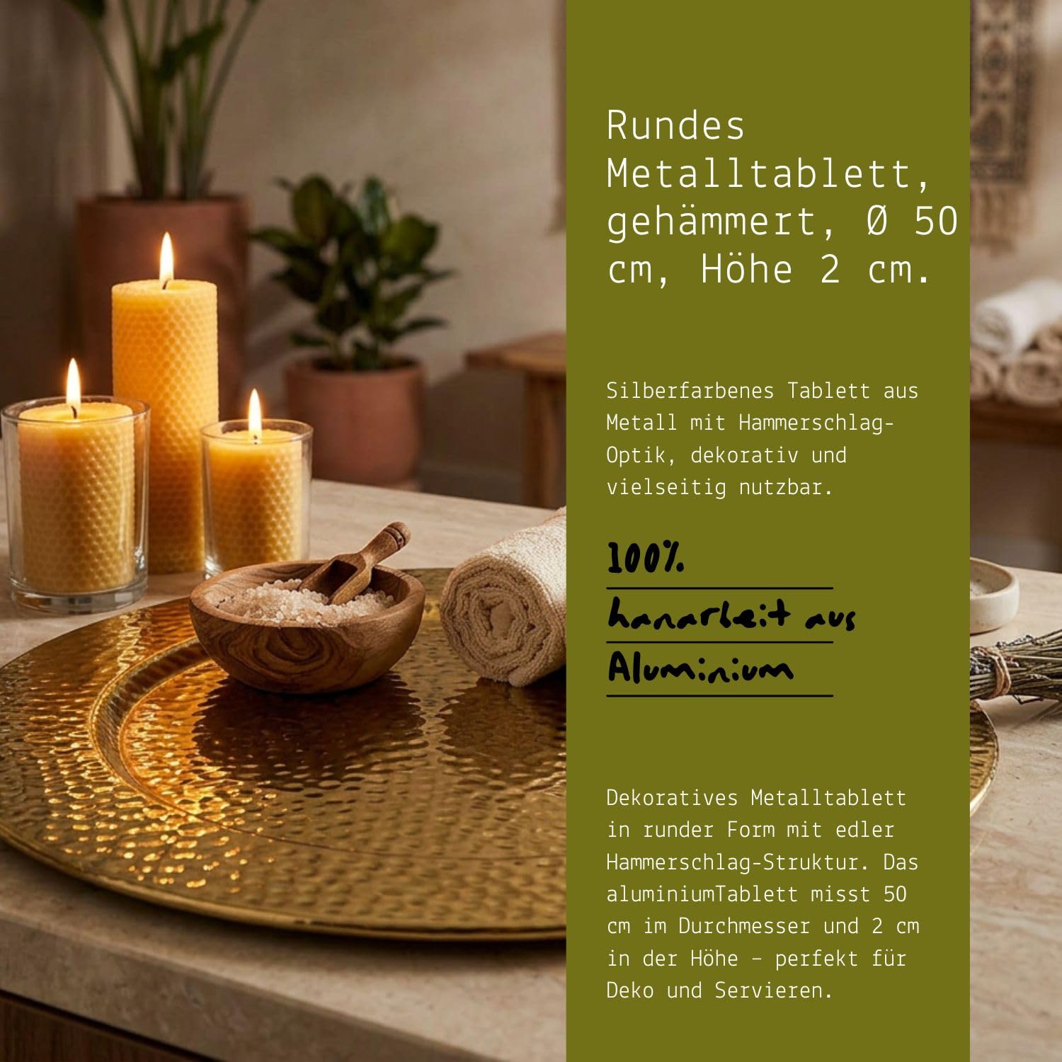 Design-Serviertablett Nizza handgefertigt aus Aluminium in Gold 50 cm