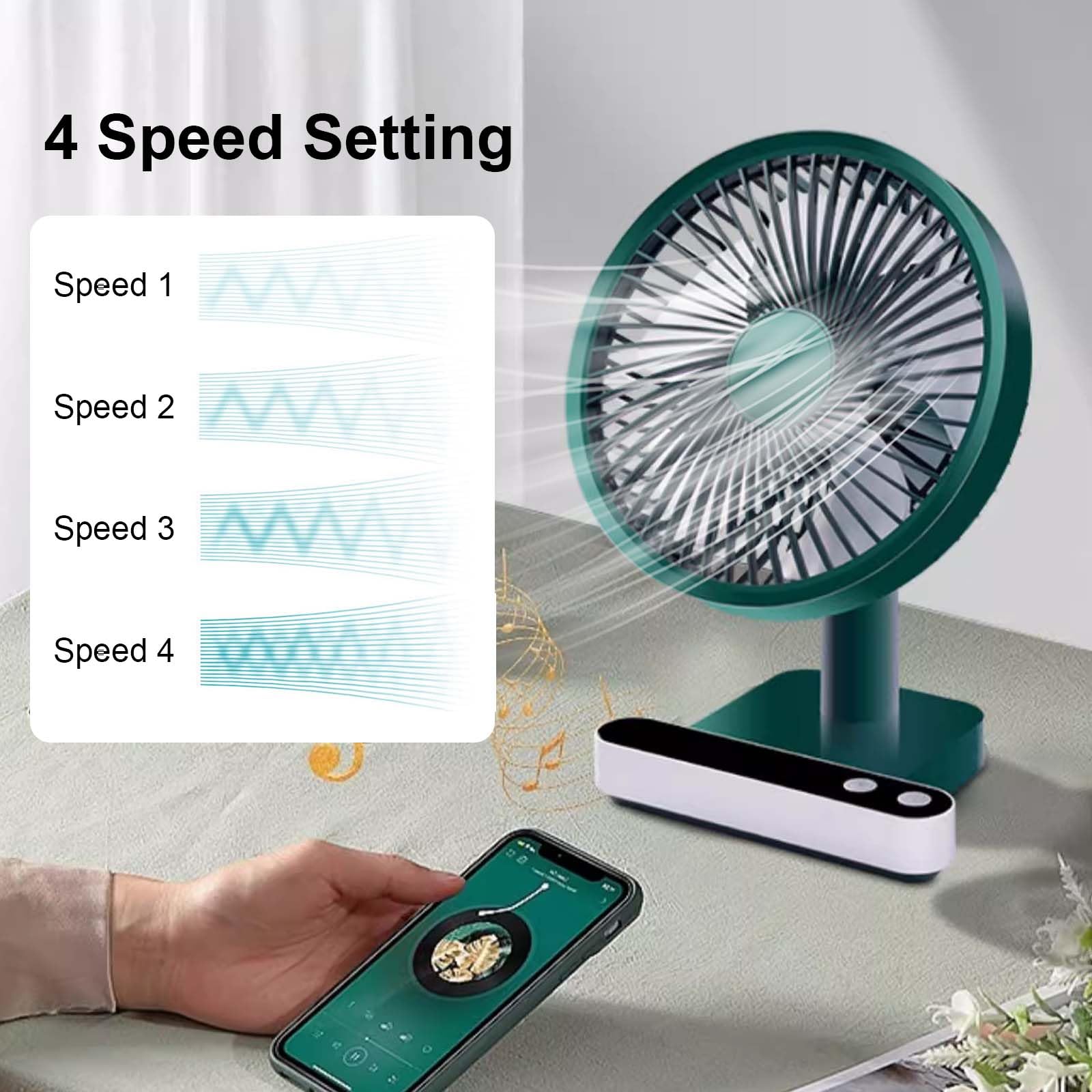 6.7 Inch Mini Ventilatori da Tavolo Portatile, Scrivania di 5000mAh Ricaricabile, 4 Velocità, 180° Rotazione Automatica, Ventilatore Silenzioso con Cavo USB, Per Ufficio, Soggiorno, Viaggi (Verde)
