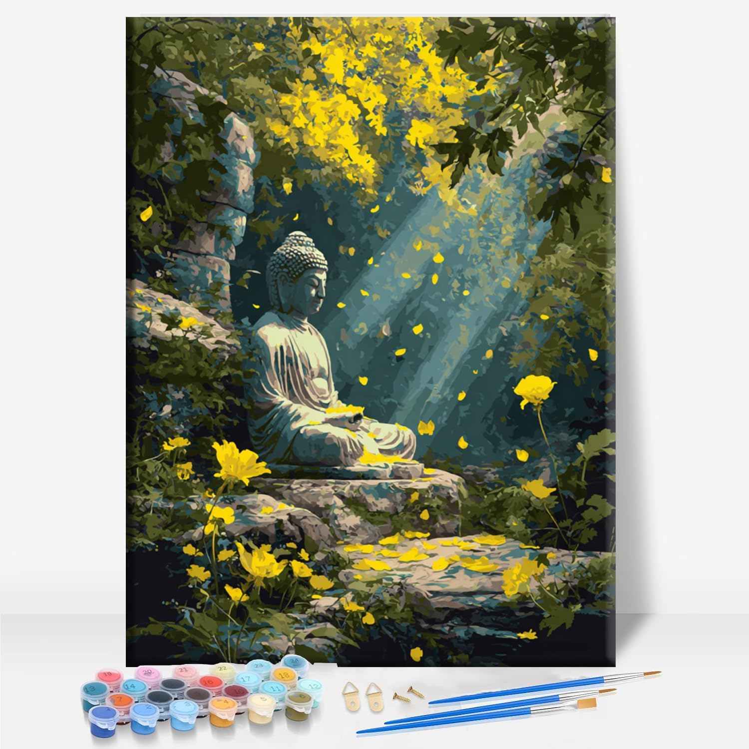 Aeontinity Golden Buddha Temple Buddhism Framed Canvas DIY Paint by Numbers Kit Bar Cafe Cave Home Room Wall Bathroom Porch Patio Decor Gift, 16 x 12 Inch