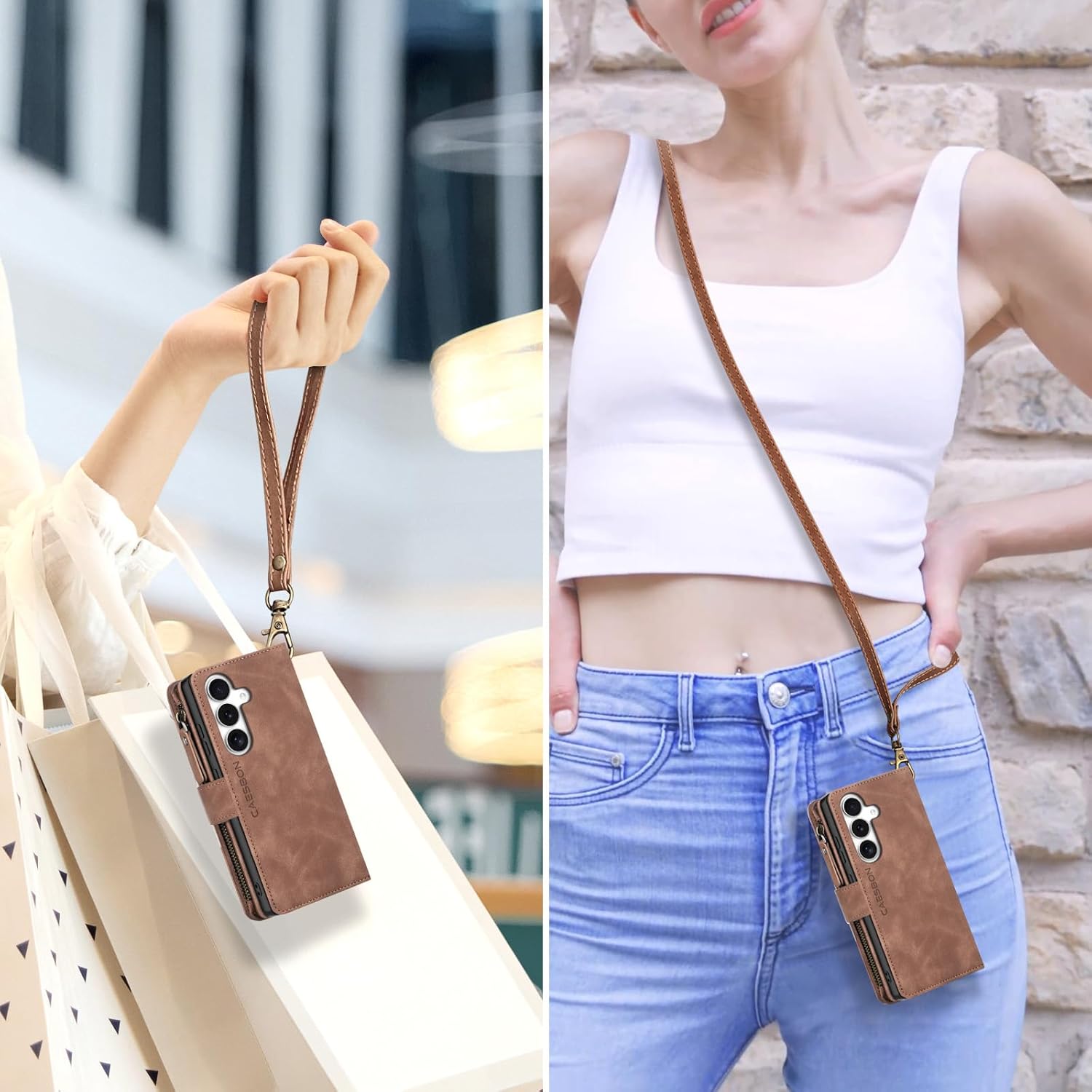 for Samsung Galaxy S25-FE-Wallet Case: with RFID Blocking Card Slots (6 Cards) | Soft PU Leather Magnetic Snap Zipper Pocket | Crossbody Wrist Strap Protective Phone Cover - Brown
