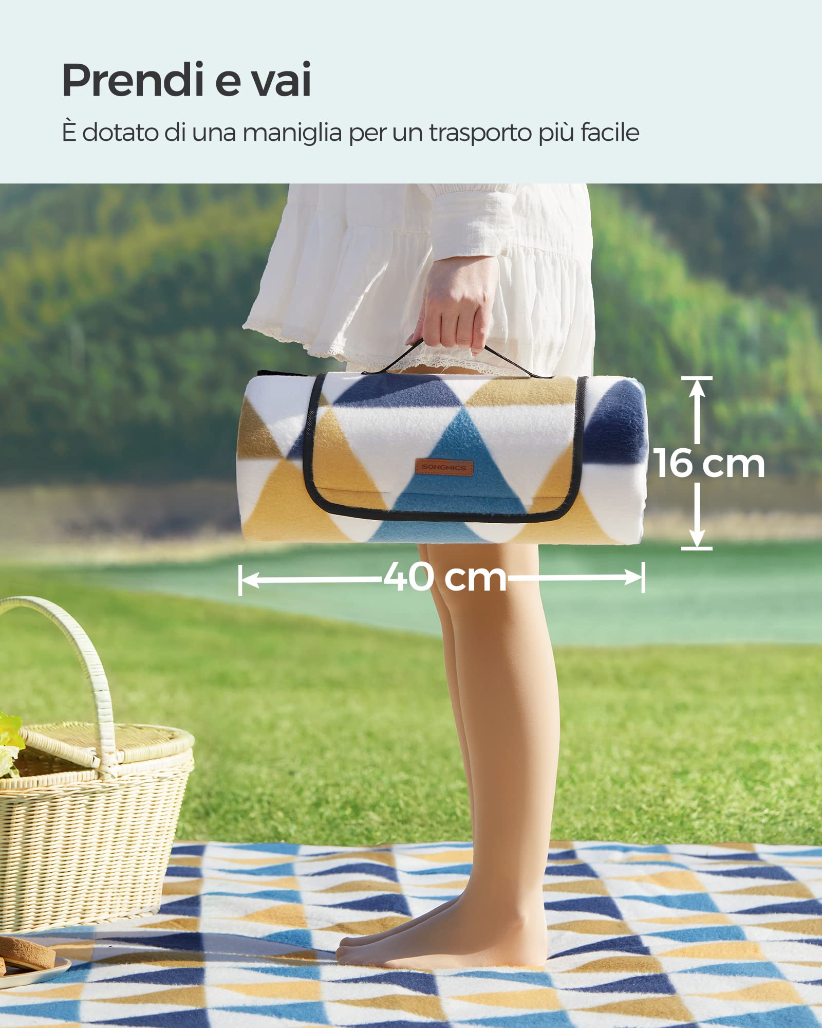 SONGMICS Coperta Picnic, 300 x 200 cm, 4 Picchetti Antivento, Grande Telo da Campeggio Parco Giardino Spiaggia Esterni, Fondo Impermeabile, Pieghevole e Portatile, Verde e Bianco GCM012W03