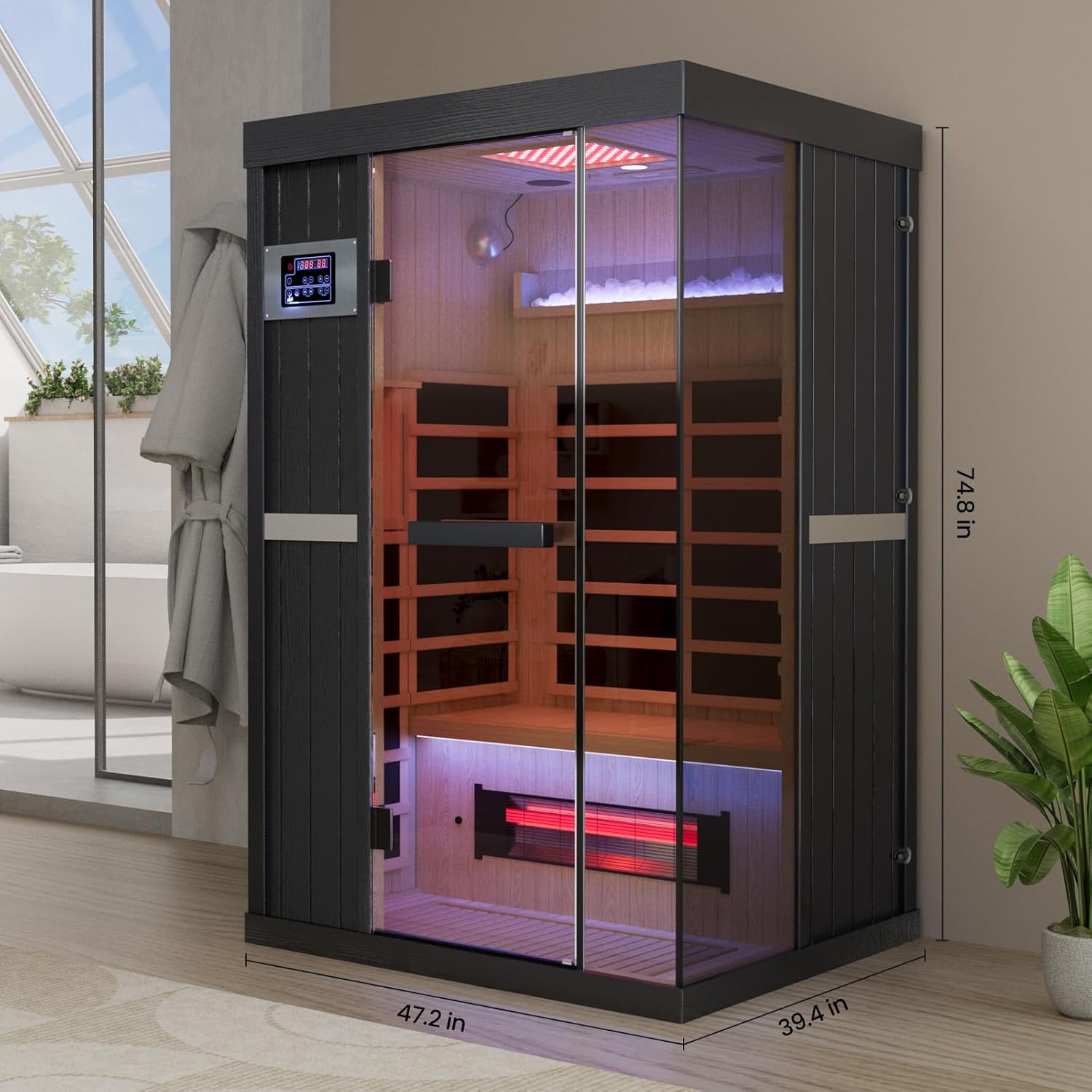 OnxyEdge 2-Person Full Spectrum Infrared Sauna, Himalayan Salt Rocks Plus 12 * 12 Red Light Therapy  2 Built-in Speakers, 2000W - 120V Indoor Hemlock Dry Sauna with Dual LED Controls for Home  Gym