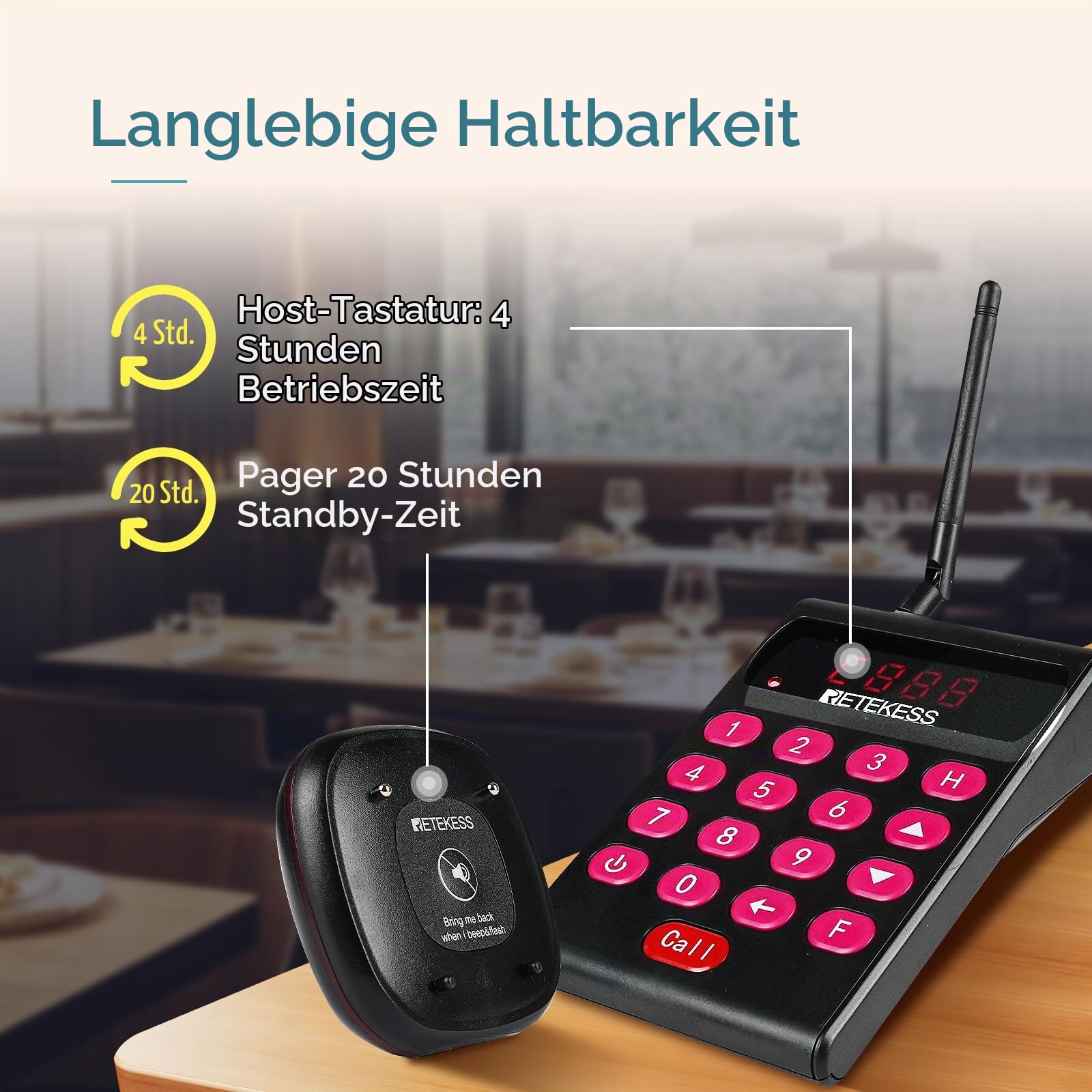 Retekess TD161 Pager Rufsystem, Restaurant Pager, 20 Pagers | für Café, Bar, Klinik, Draußen 500M, 300 mAh 20H, Plug-and-Play, 7 Anrufmodi, mit Stummschalttaste, Magnetisches Laden