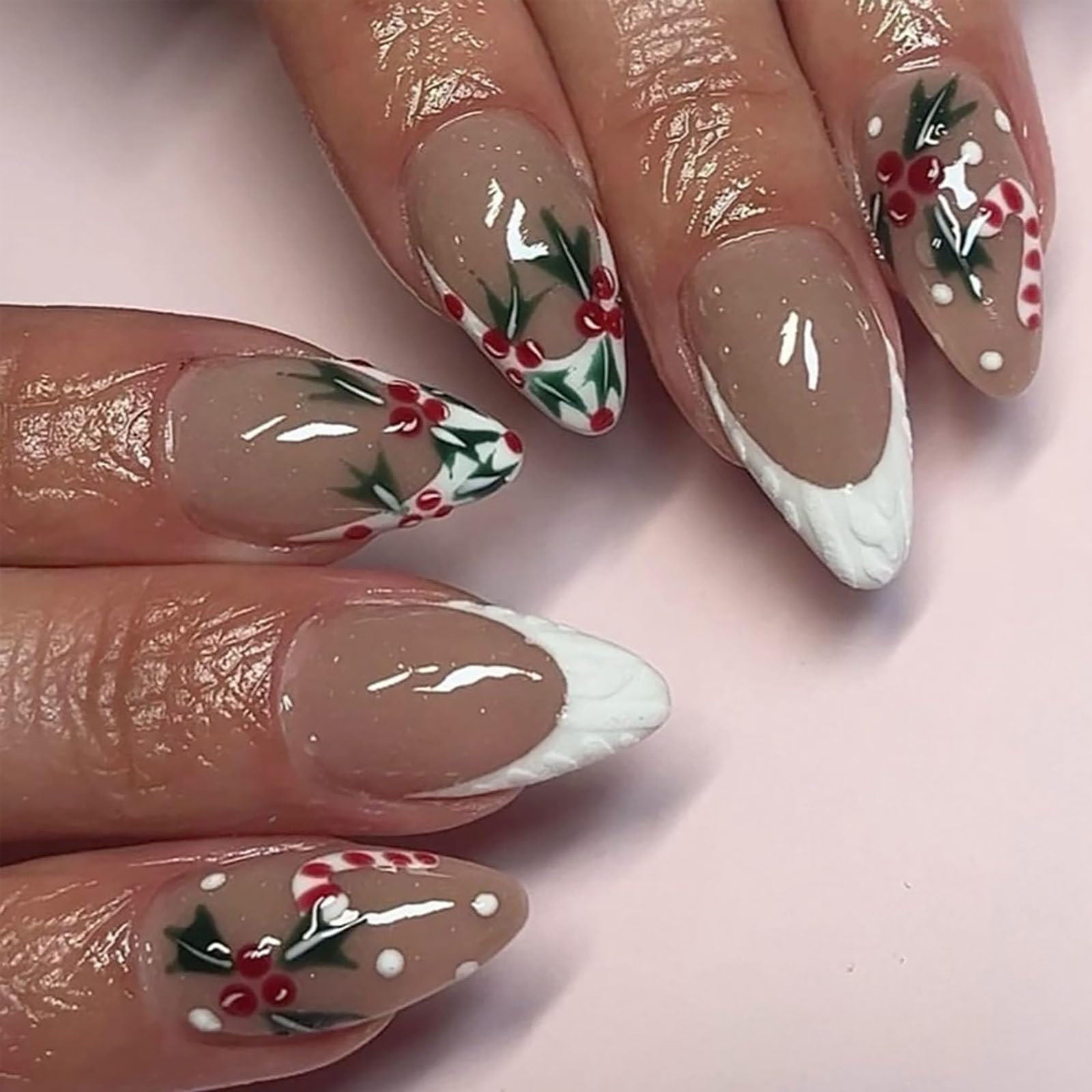 Photo 1 of Christmas Press on Nails Short Square Fake Nails with Design Purple Glitter Glue on False Nails Pink Acrylic Christmas Nails Full Cover Nail Art for Women 24 Pcs