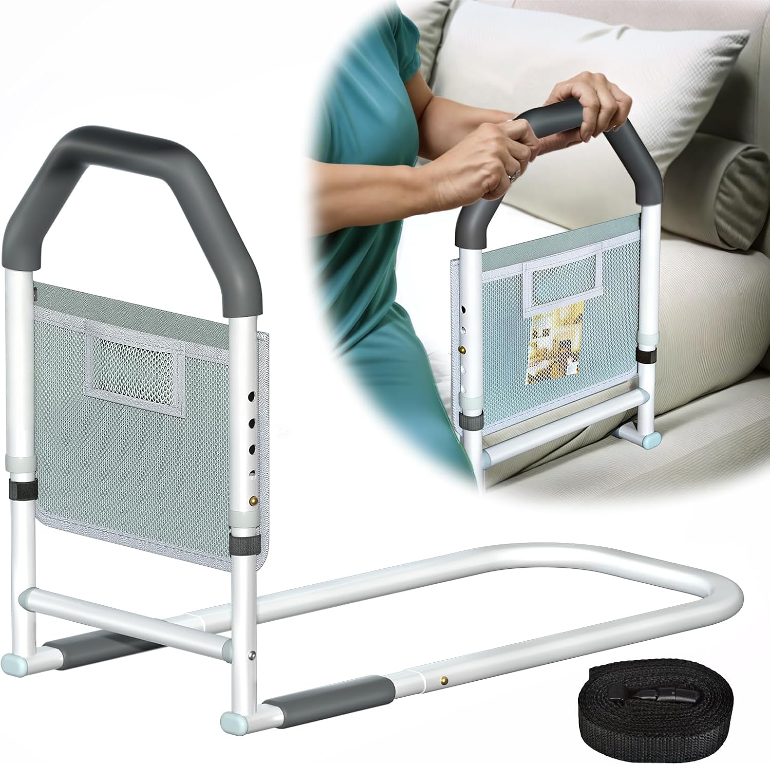 ArixMed Bed Rails for Elderly Adults Safety with Storage Pocket, Adjustable Height Bed Assist Rails for Seniors & Patients, Fits All Beds Except Electric/Adjustable/Lift Bed, Tool-Free Assembly
