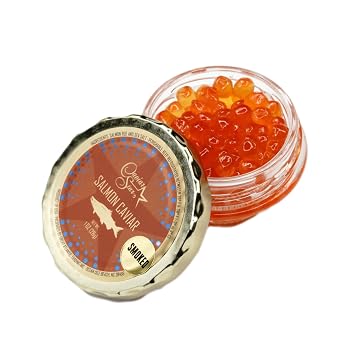 Deluxe Caviar Tasting Set Salmon, Whitefish & Rainbow Trout Roe (Regular & Smoked) with French Blinis, Creme Fraiche & Mother-of-Pearl Spoons