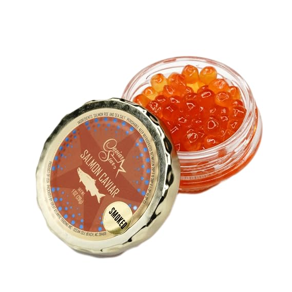Deluxe Caviar Tasting Set Salmon, Whitefish & Rainbow Trout Roe (Regular & Smoked) with French Blinis, Creme Fraiche & Mother-of-Pearl Spoons