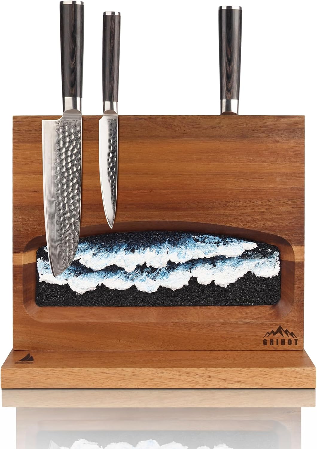Magnetic Knife Block, Double Sided Kitchen Knife Holder for Countertop, Freestanding Acacia Wood Knife Organizer with Hand-Painted Wave Textured Abstract Painting (Black Blue)