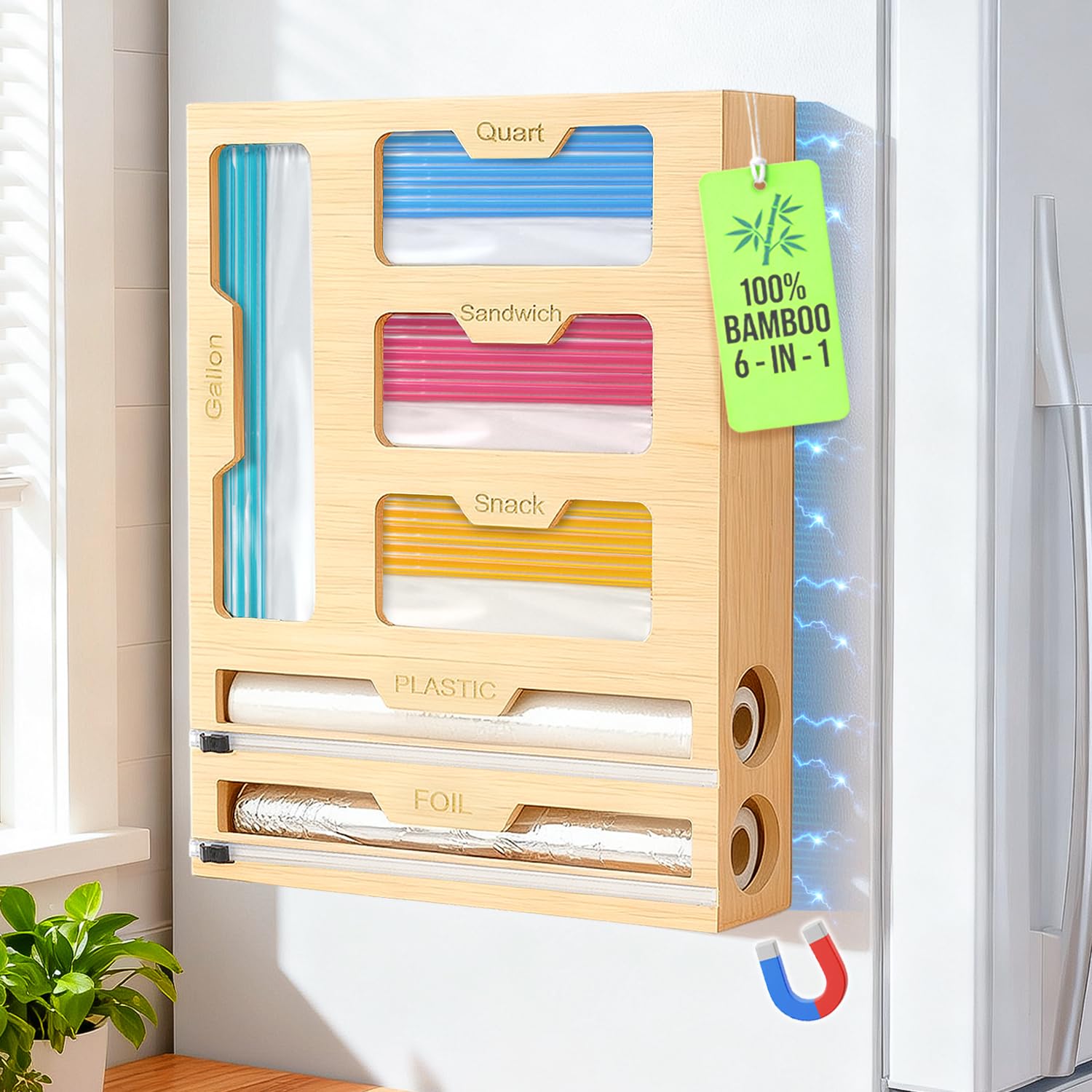 Photo 1 of ***MINOR DAMAGE***
BSHSPX Magnetic Storage Bag Organizer 6 In 1 Food Bag Organizer for Fridge and Drawer, Foil and Plastic Wrap Organizers with Cutter, Food Storage Bags Organizers for Gallon Quart Sandwich Snack