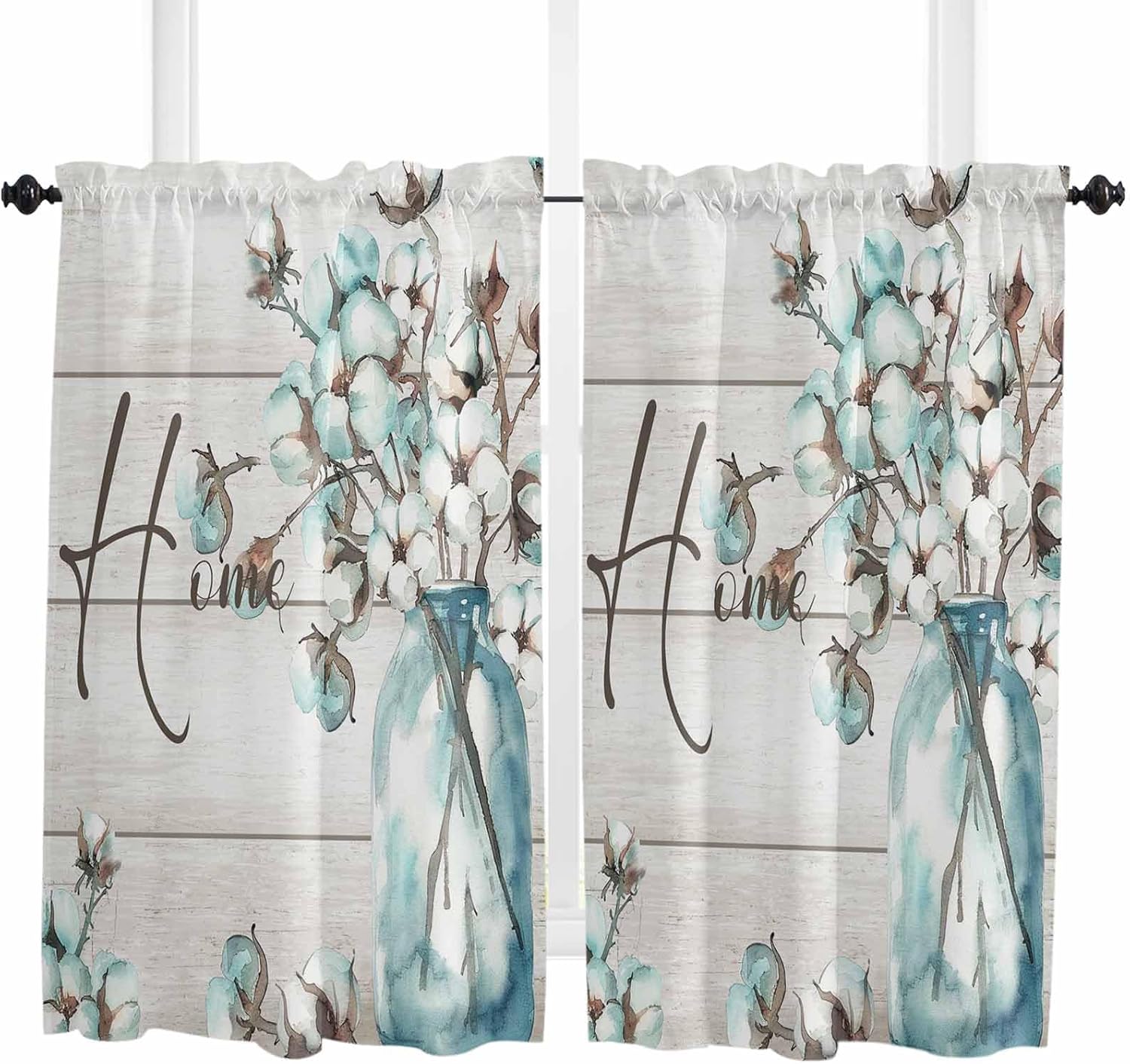 Wooden Plank Tier Curtains 27.5x45inch - 2 Panels Rod Pocket Valance Curtains Half Window Curtain Tiers for Bathroom Kitchen Cabinet Rod Pocket, Forever Home Mason Jar Floral