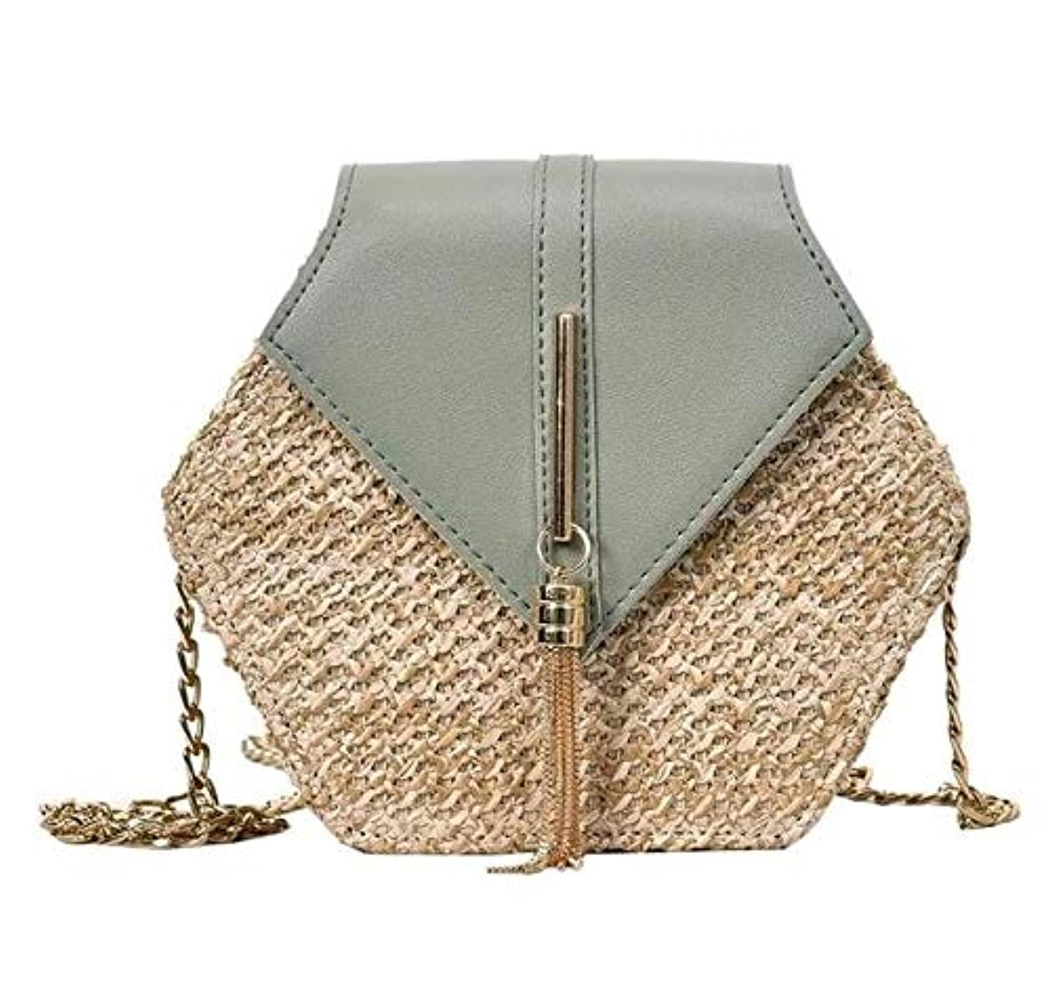 Women Handbag, Straw & Leather Bag, Summer Beach Handbag, Chain Shoulder Ladies Purse, Bohemian Woven Crossbody Bags.