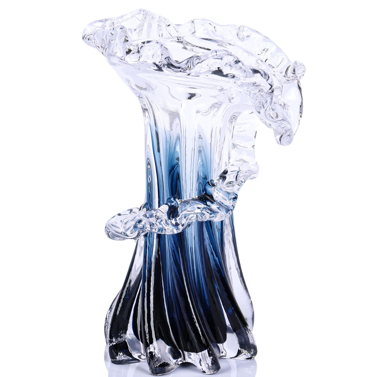 Vases Bleu Blanc Transparent à Dégradé d'Onde, Vase en Verre Soufflé à la Main de Murano en Art Décoratif Unique, pour Thème Océan, Pièce Centrale Côtière, Bureau Moderne, Entrée de Table