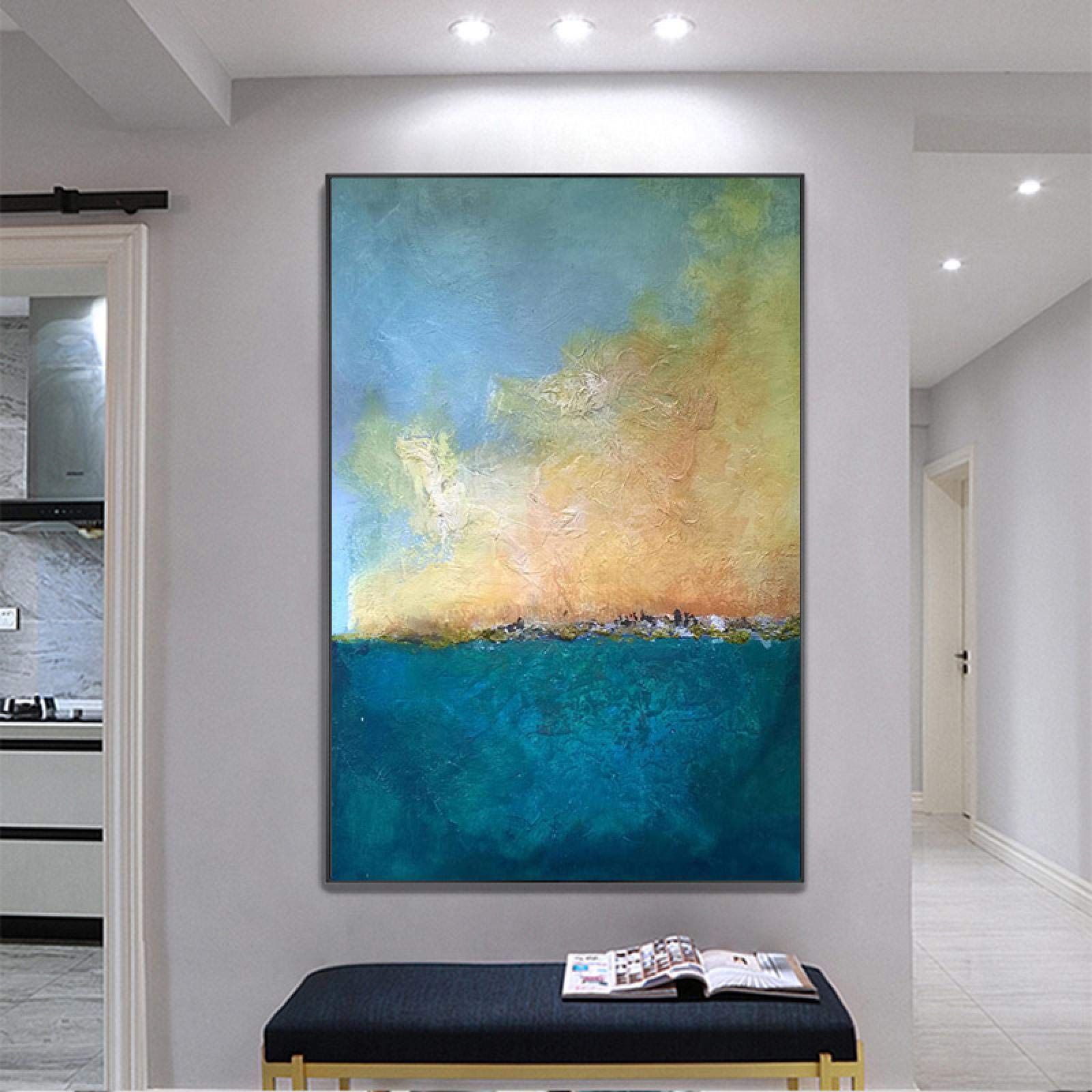 Peinture Abstraite Blocs Bleus Jaunes pour Décoration Murale de Chambre Moderne