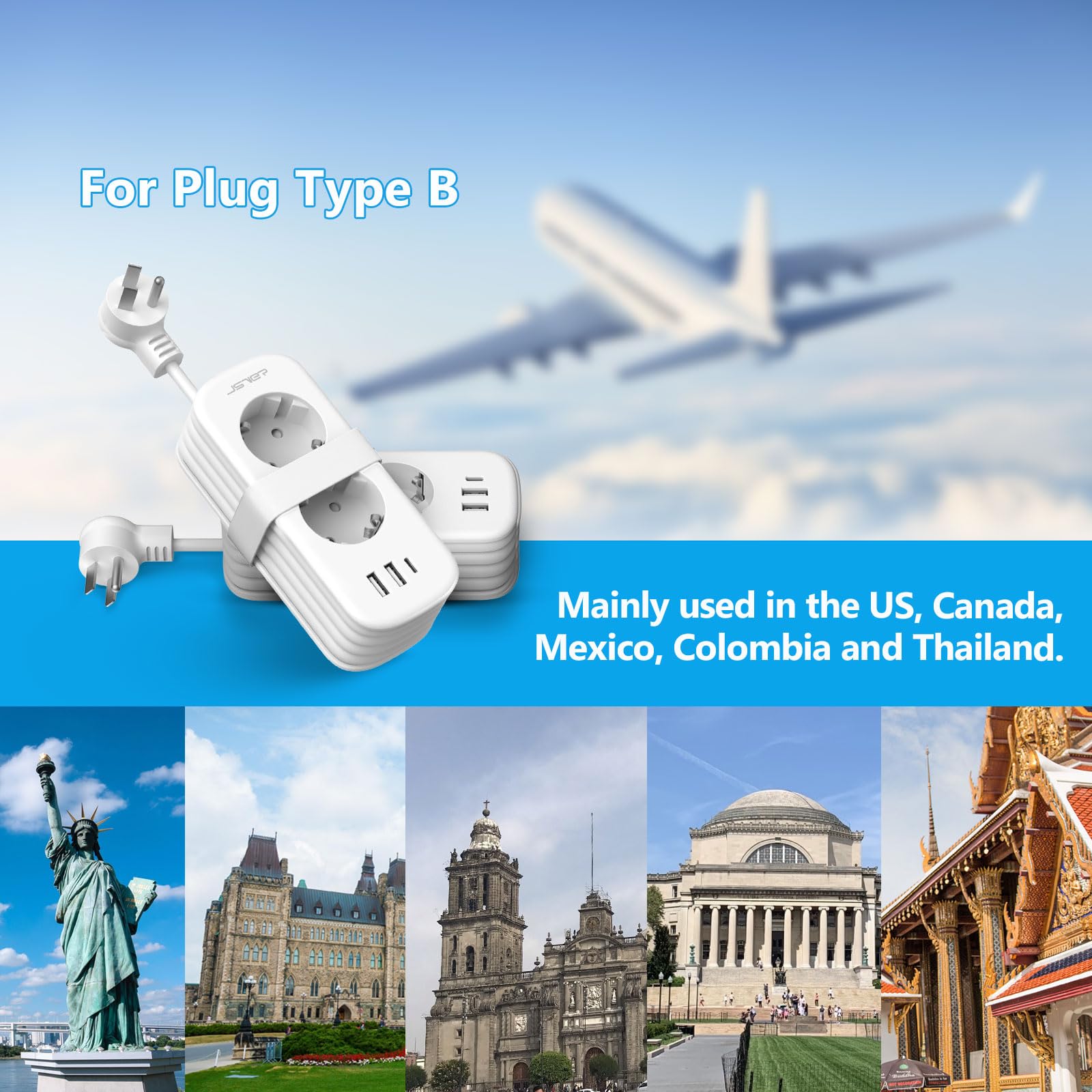 JSVER Adaptateur Prise USA,5 en 1 Adaptateur Voyage France vers USA avec Cable 2m Enroulable et 2 Prise,Type B pour Canada Américaine Mexique Thailande Dominicaine(Blanc)