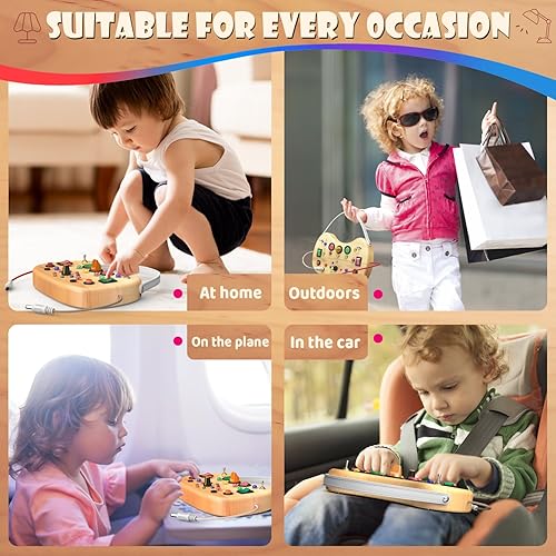 Miniatura 5 de UdoUto Montessori - Tabla de actividades para niños pequeños de 1 a 3 años, tablero de madera con luz LED para 2 a 4 niños y niñas, tablero de